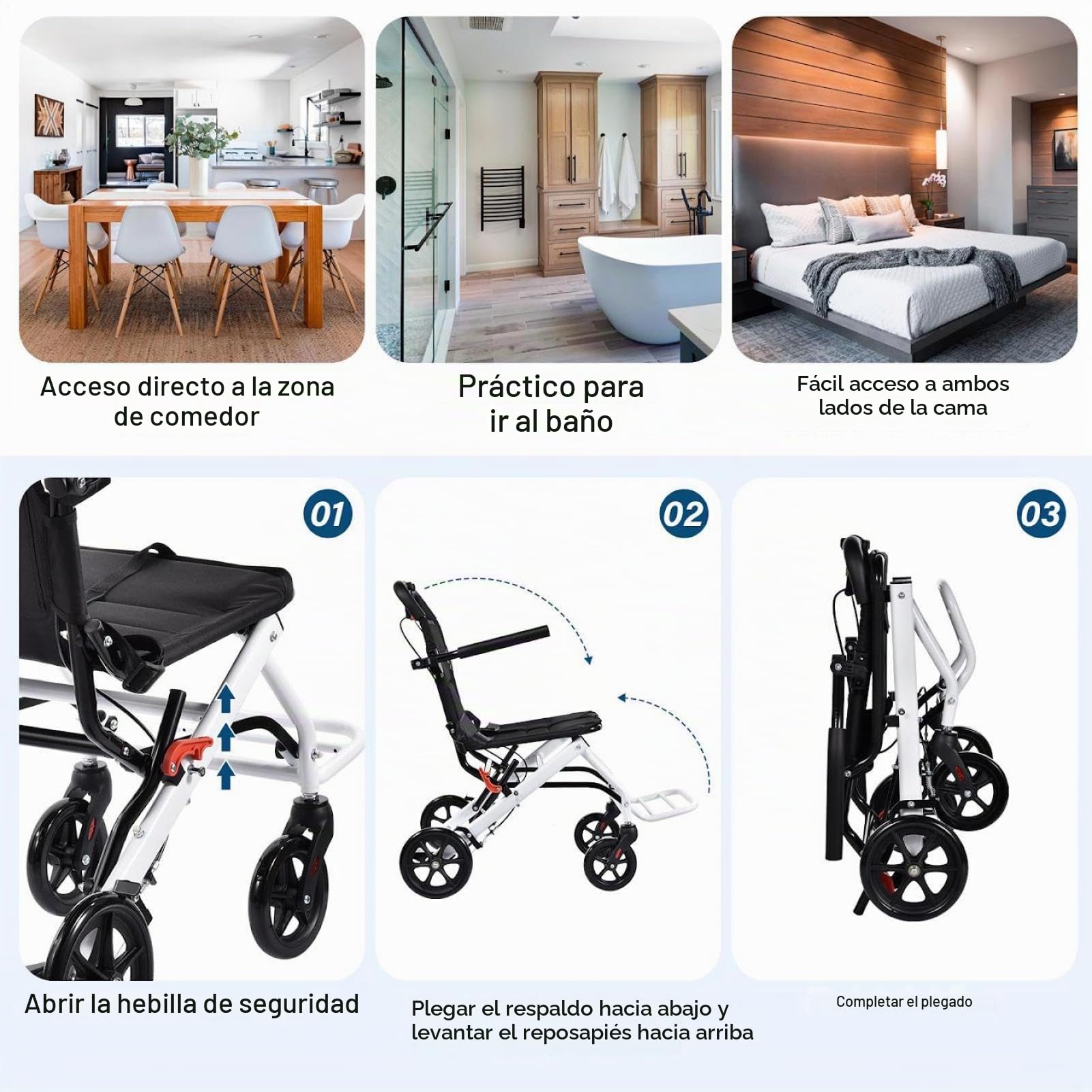 Silla de ruedas plegable ultraligera, portátil de viaje, capacidad de carga de 100 kg, aleación de acero al carbono, silla de ruedas con manillar giratorio de 360°, solo 8,2 kg, ideal para