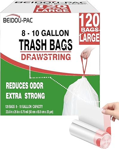 BEIDOU-PAC Bolsas de basura con cordón de 8 a 10 galones, 120 unidades, bolsas de basura de rollo múltiple, bolsas de basura grandes de cocina,