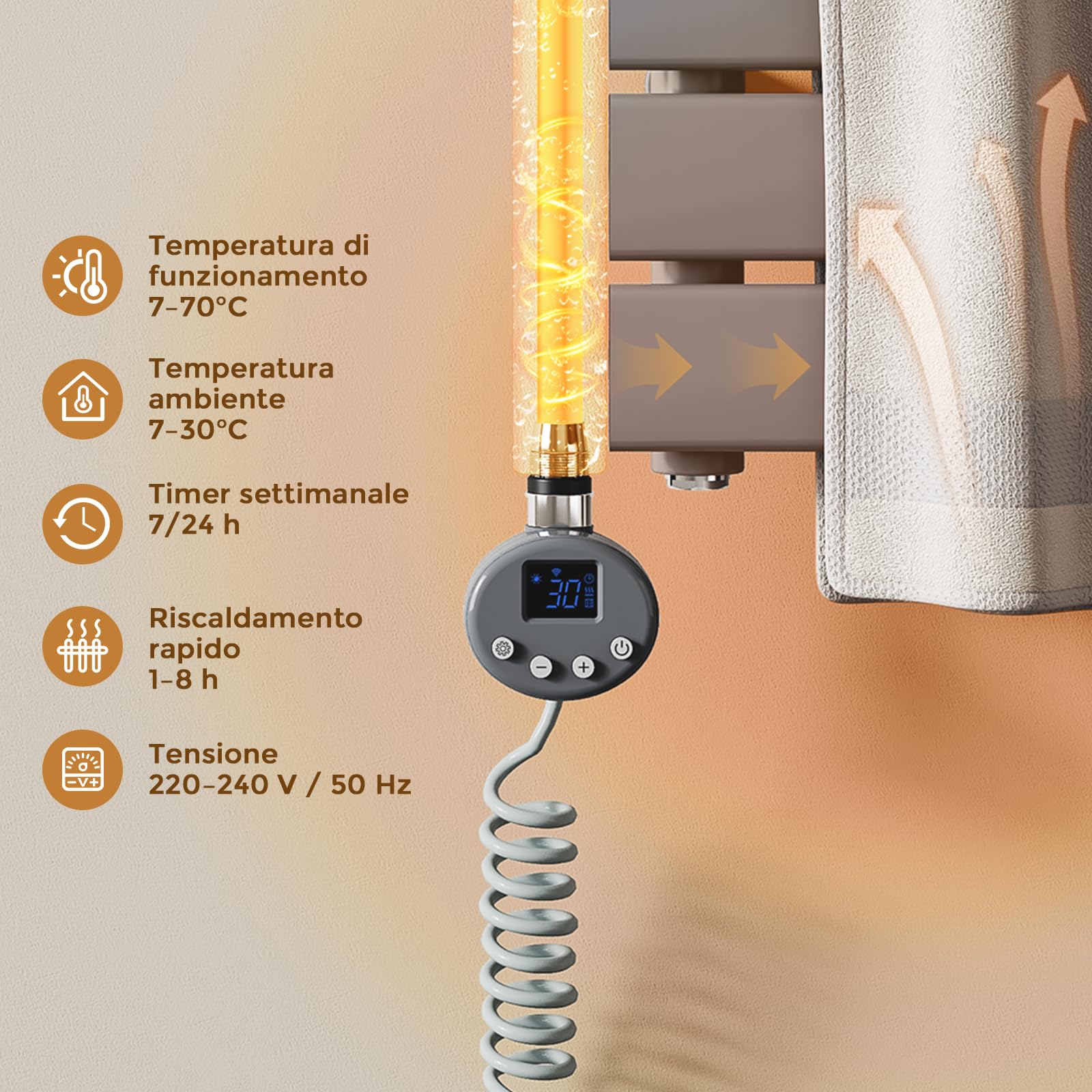 Elemento riscaldante radiatore bagno 1200W WiFi intelligente, elemento riscaldante con termostato, con timer e display LCD, resistenza elettrica per scaldasalviette, Antracite