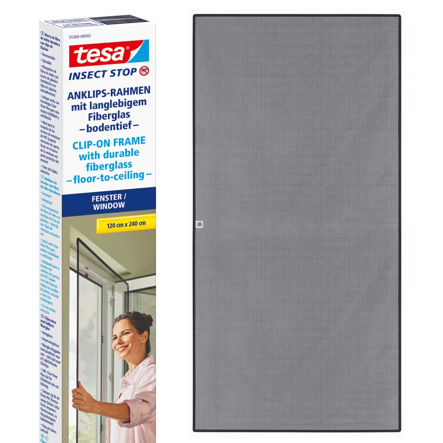 tesa Insect Stop Clip On - Mosquitera de Ventana con Marco Desmontable - Recortable a Medida - Malla Resistente de Fibra de Vidrio - Clips Autoadhesivos - 1,2 x 2,4 m - Antracita