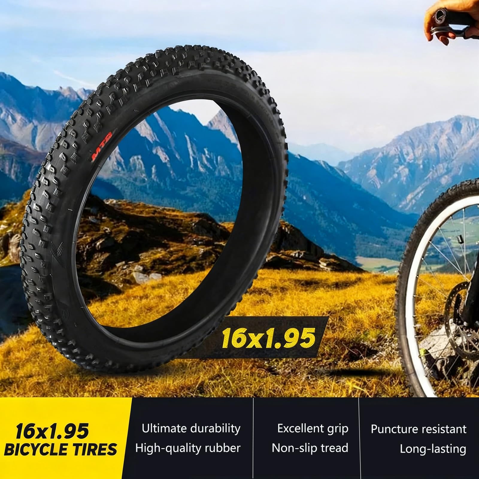 16x1.95 Opona Rowerowa Odporna na Przebicia i Gotowa do Tubeless | Opona All-Terrain dla Rowerów Górskich i Miejskich z Wzmocnionymi Ścianami i Wzorem Blokowym dla Trwałości i Przyczepności(1PC)