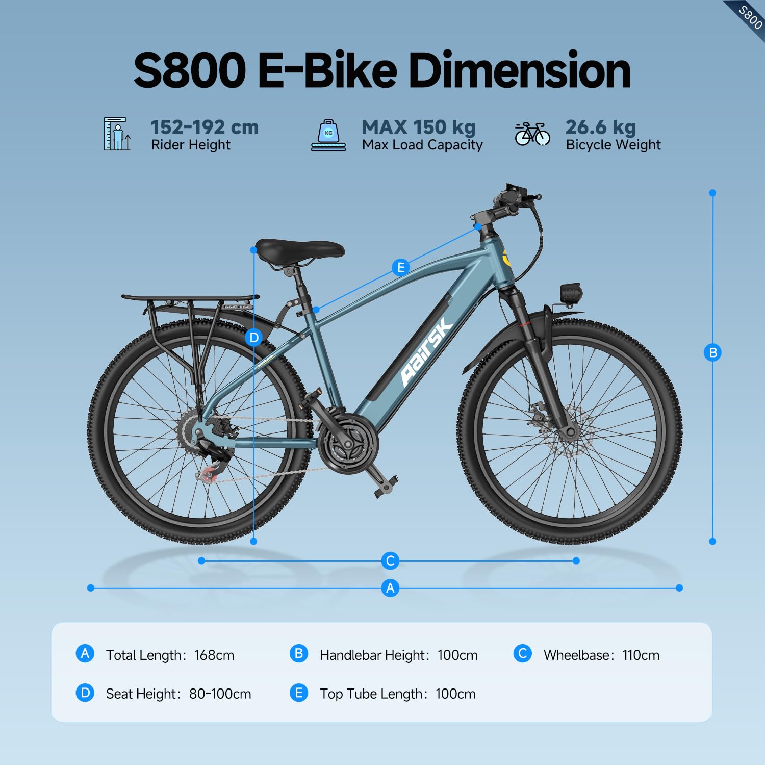S800 Vélo électrique 26" pour homme et femme avec batterie 36 V 13 Ah, moteur de 250 W, 25 km/h, autonomie de 75 km, dérailleur à 7 vitesses