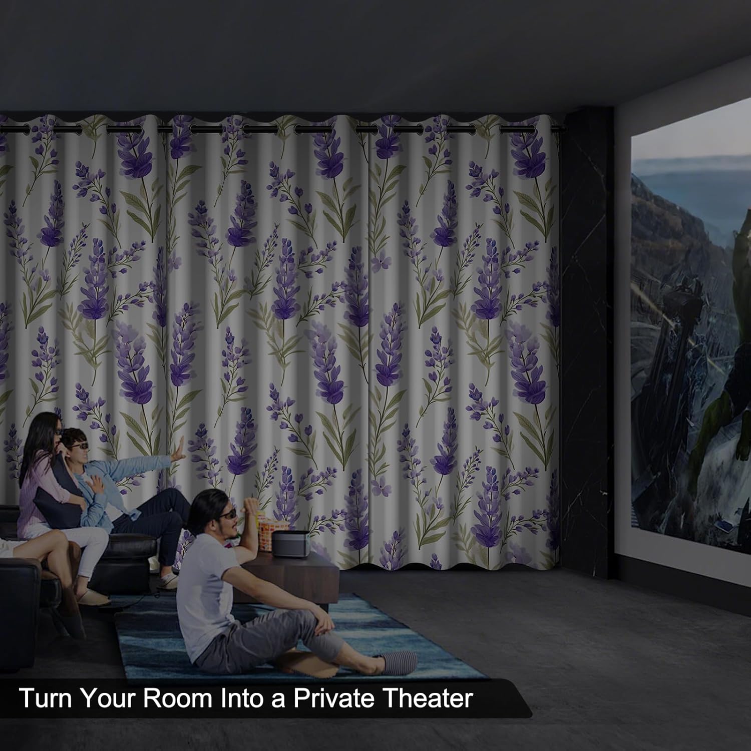 Lavender Printed Blackout Curtains for Bedroom and Living Room, Light Filtering Soundproof Drapes 84 Inch Length 2 Panels Set, Thermal Insulated Room Darkening Privacy Windows Curtains with Tiebacks