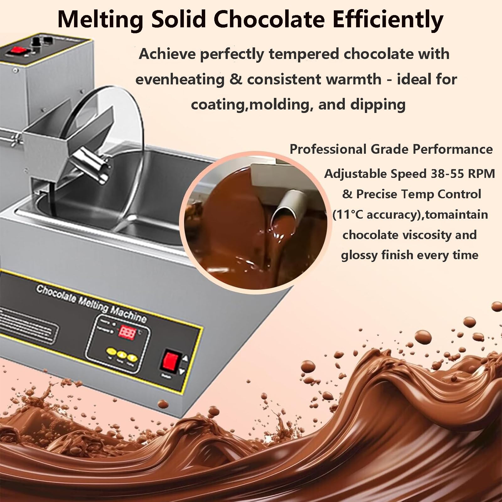 Machine à Fondre Le Chocolat, Bouilloire Double avec Robinet Intégré, Vitesse Réglable 38-55 RPM & Chauffage Uniforme, Tempéreuse à Chocolat pour Usage Commercial 12kg