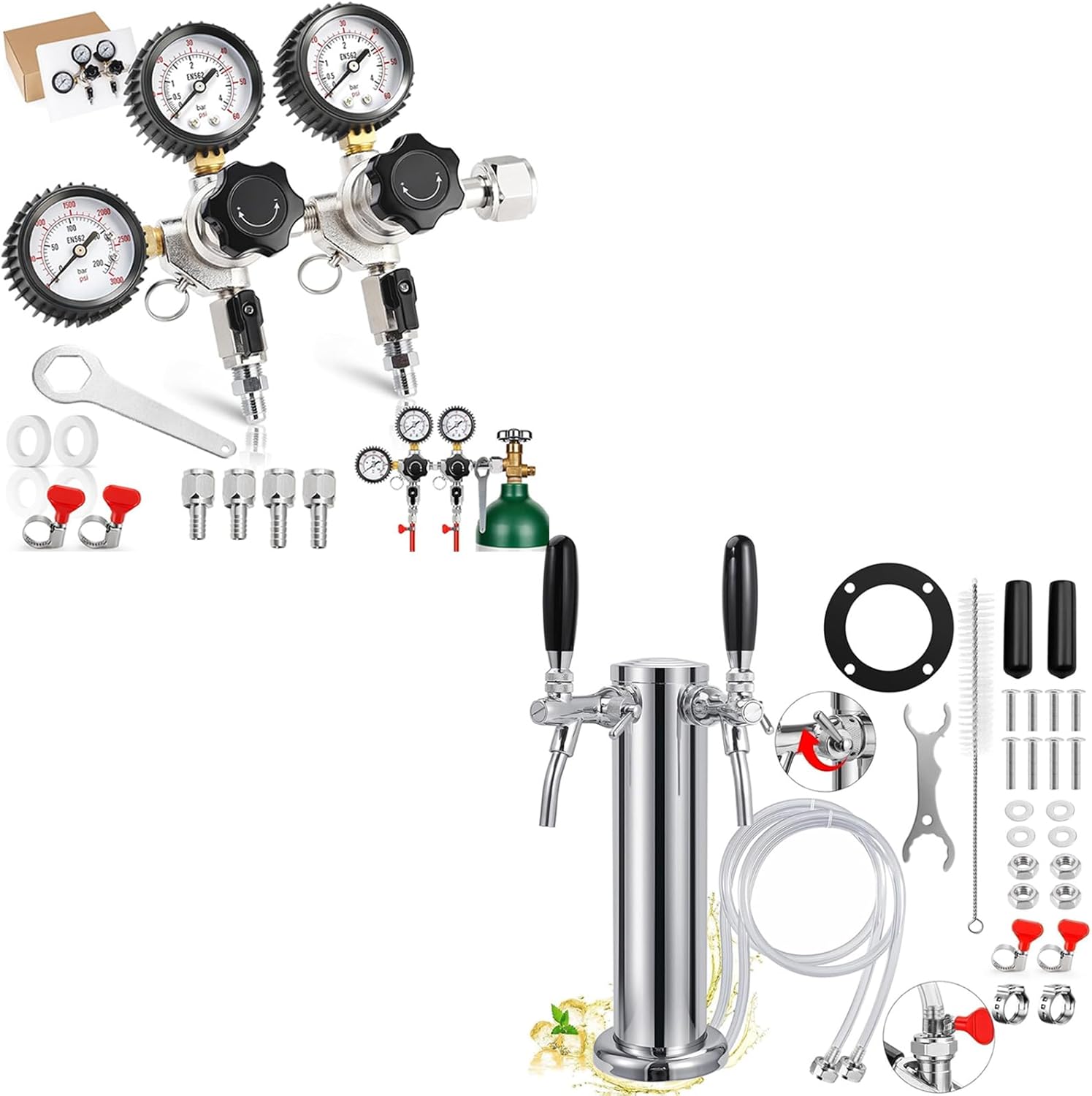 New Dual Co2 Regulator for Kegerator with Tank Wrench & New Adjustable Dual Tap Kegerator Tower Beer Tap Tower with 1/4" Barb
