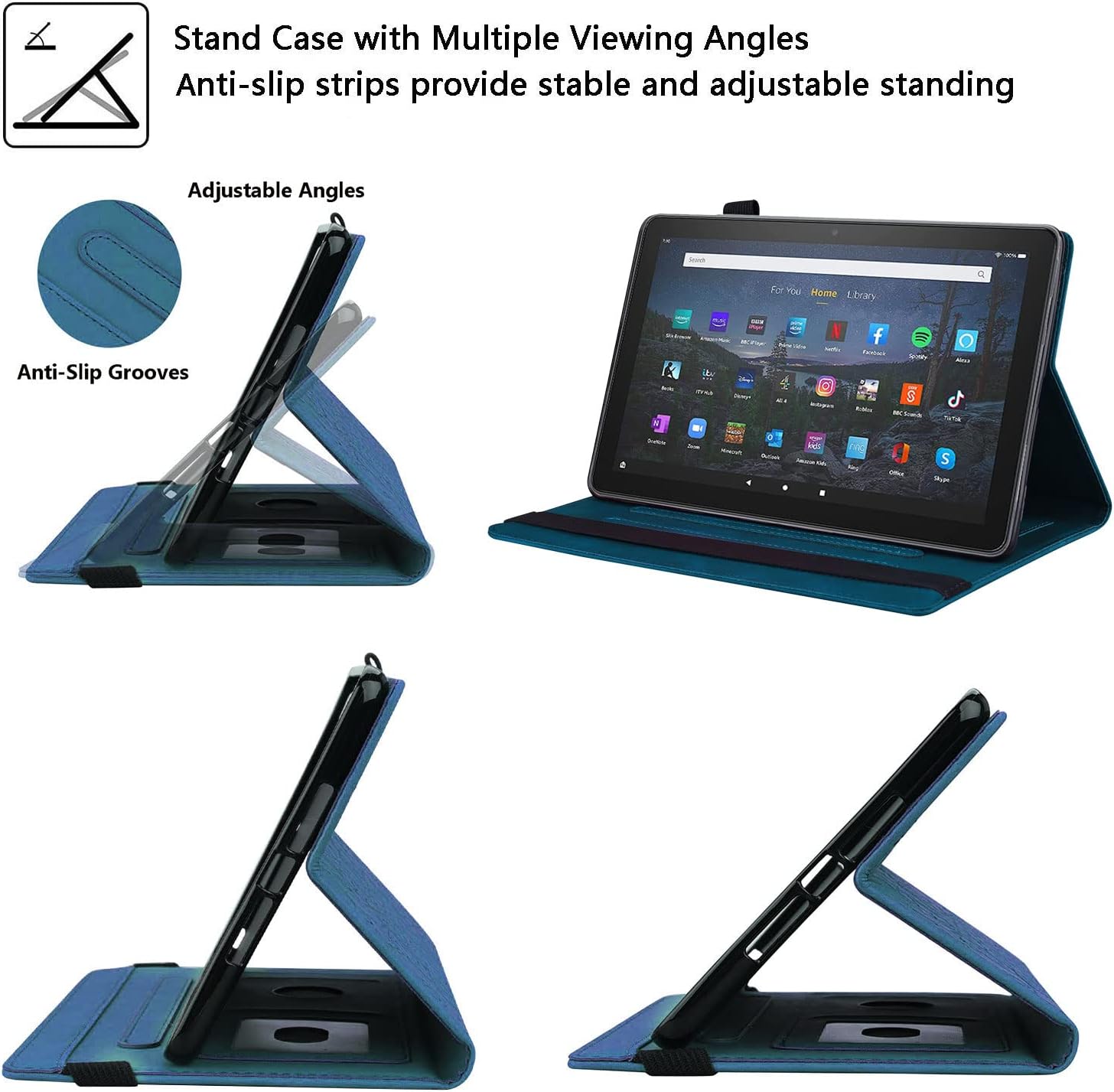 Case for Kindle Fire HD 8 & 8 Plus Tablet (10th Generation, 2020 Release), Slim Folding Stand Cover with Auto Wake/Sleep [Pencil Holder/Inner Card Slots/Front File Pocket/Elastic Band], Blue