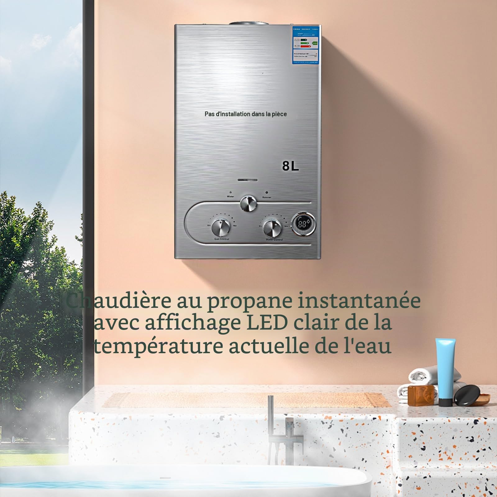 Chauffe-eau à gaz 6 l, chauffe-eau butane, 6 l/min, écran LED compatible avec butane et propane, chauffe-eau instantané pour usage domestique et camping (Gris 6L)