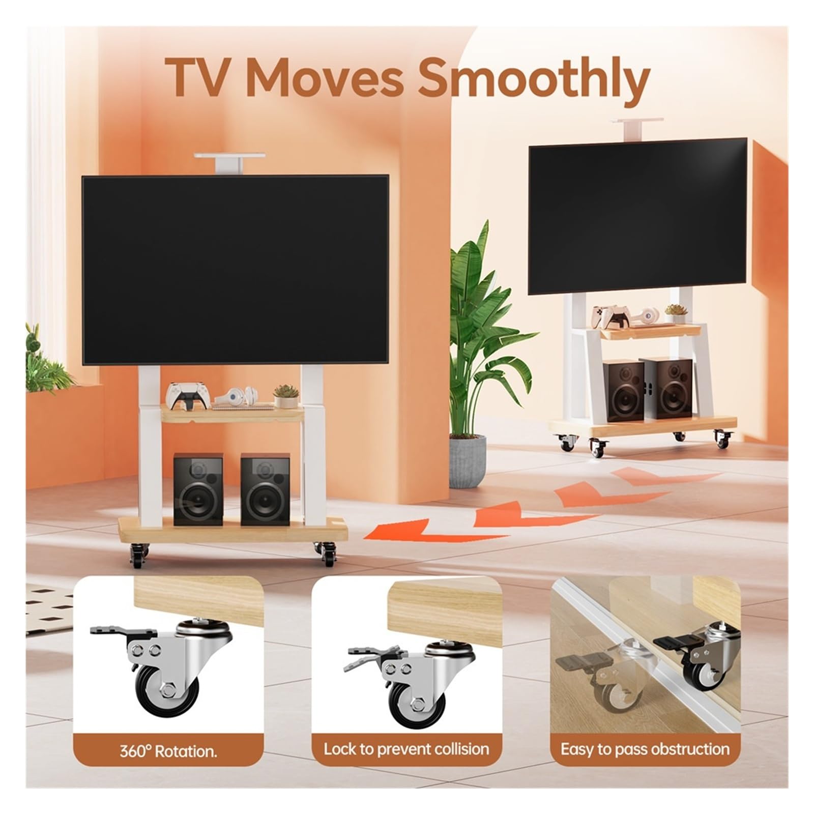 Soporte de TV móvil con Ruedas para televisores de 32 a 75 Pulgadas, Altura Ajustable, Soporte de Suelo portátil con Estante, Compatible con VESA máx. 600 x 400 mm (Negro)