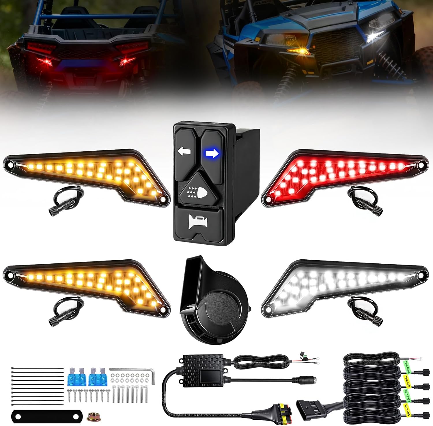 UTV Turn Signal Kit with White DRL/Red Running Light 4-in-1 Rocker Switch 110DB Horn Pre-Wired Plug & Play UTV Universal Street Legal Blinker kits for Polaris, Can-Am, CFMOTO for Side By Side