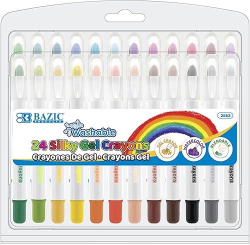 BAZIC - Crayones de gel sedosos, 24 colores, lavables, mezclables, no tóxicos, para libros de colorear (24 por paquete), paquetes de 12