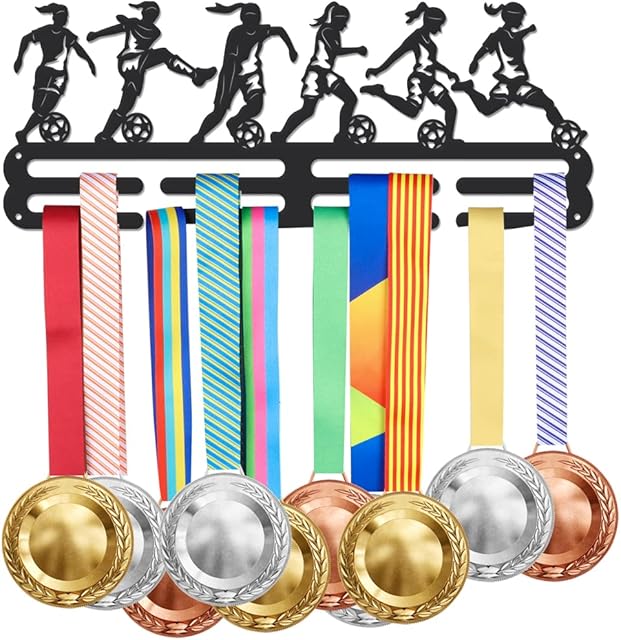 SUPERDANT Soccer Medal Hanger Display Sports Female Soccer Football Medals Display Rack Wall Mount Ribbon Display Holder Rack Hanger Decor Iron Hooks Gifts for Girls and Women