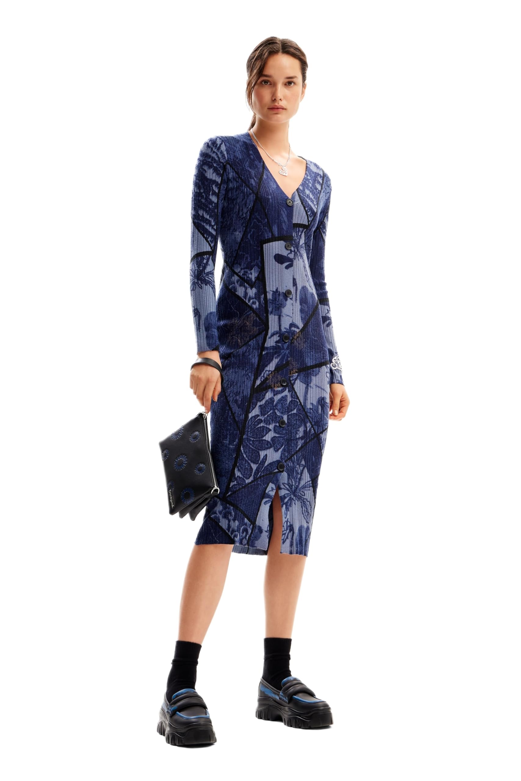 Desigual Robe en Tricot Plat à Manches Longues - Bleu, Slim Midi, Motif floral