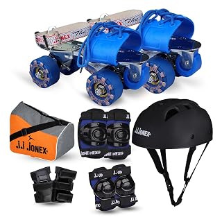 JJ JONEX Attack Adjustable Skates Combo with Helmet, Knee Pad, Elbow Pad, Gloves, Key, and Bag - Black/Blue (Age 6-11, Medium)