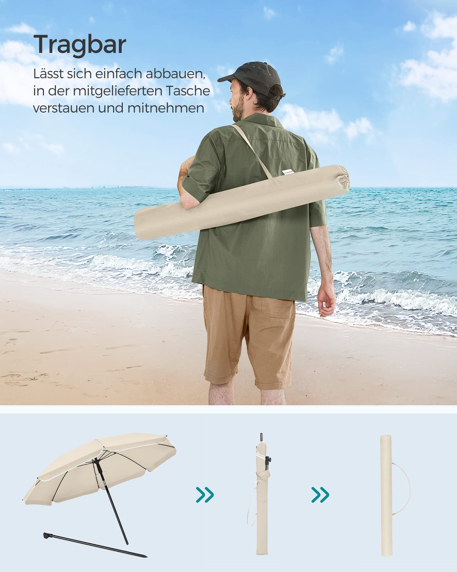 SONGMICS Sonnenschirm, 160 cm, Sonnenschutz, UPF 50+, neigbar um 30 Grad in beide Richtungen, höhenverstellbar, mit Tragetasche, für Balkon, Garten, Terrasse, Strand, ohne Sockel, Beige GPU60WTV1