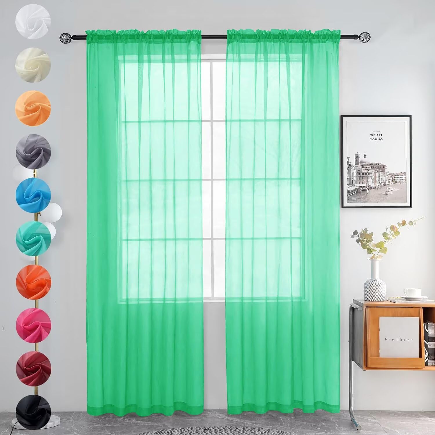 youleyar Solid Sheer Rod Pocket Curtain Voile Draperies 2 Panels White Beige Black Grey Ivory 52 Inch Width 96 Inch Long 1 Pair for Kitchen Bedroom Children Living Room Yard (Grass Green,52Wx96L) — image 1