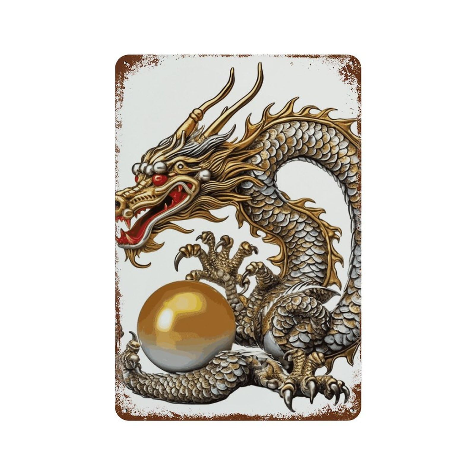 Tableau en métal vintage dragon chinois et perle décoration murale salon - 8