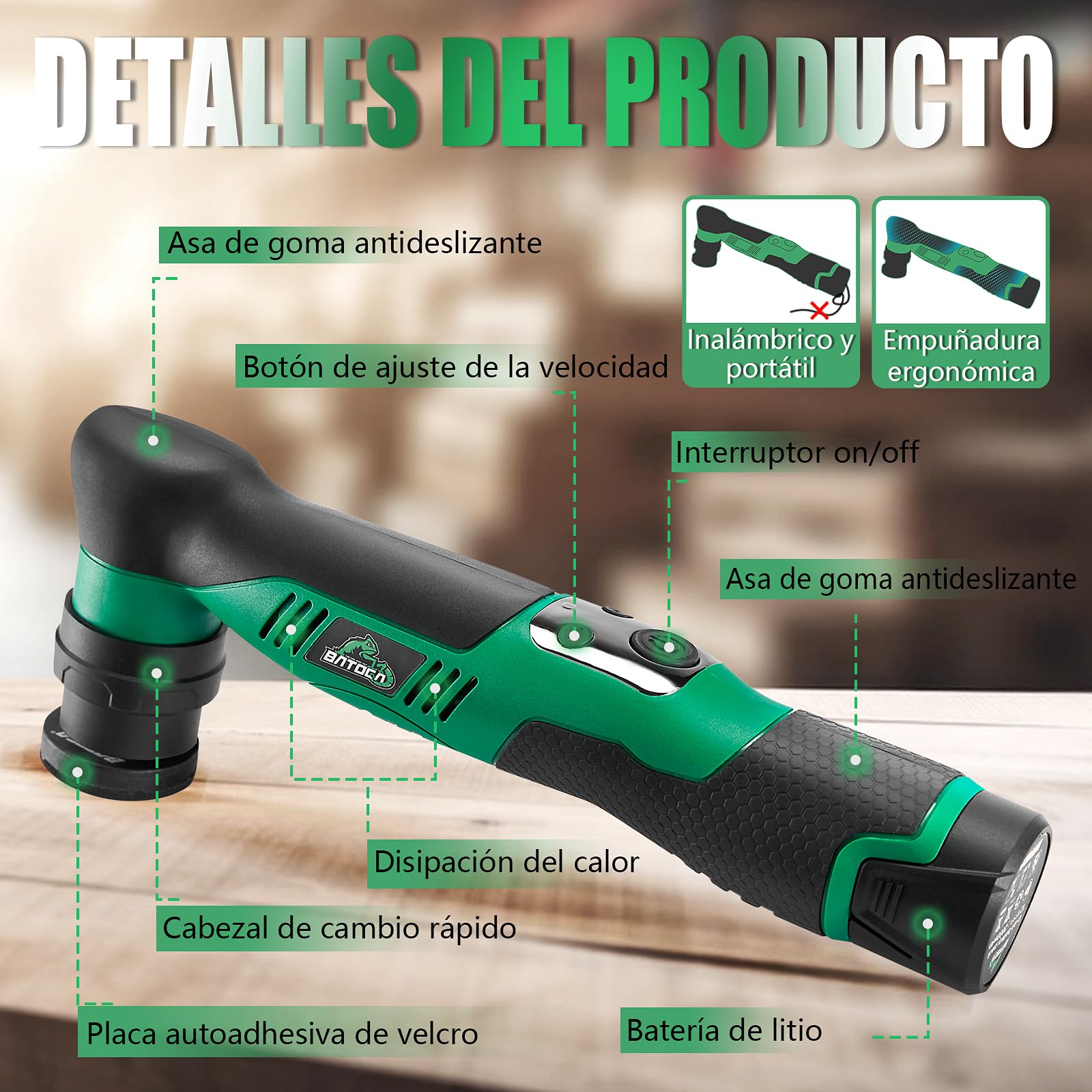 BATOCA S5 Mini Pulidora Coche Inalambrica Pulidora Orbital Rotativa Para el Pulido de Detalles de Automóviles con Almohadillas de Pulido de 25/50/75mm Perfecta para Detailing Coche Kit Batería de 12V