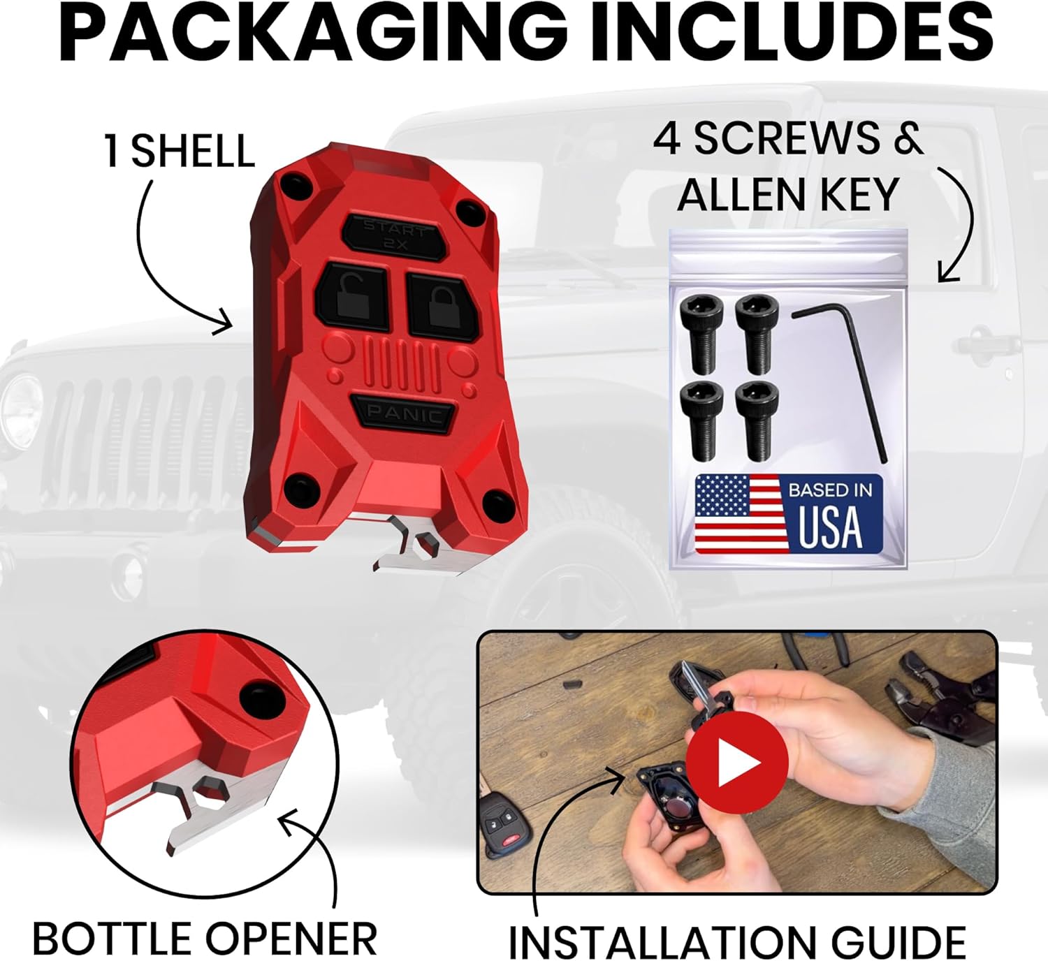 Rugged Replacement Key Fob Shell for Jeep - Built-in Bottle Opener - High-Impact PC+ABS Housing - Made in USA - Also Fits Chrysler and Dodge Models 2005–2018