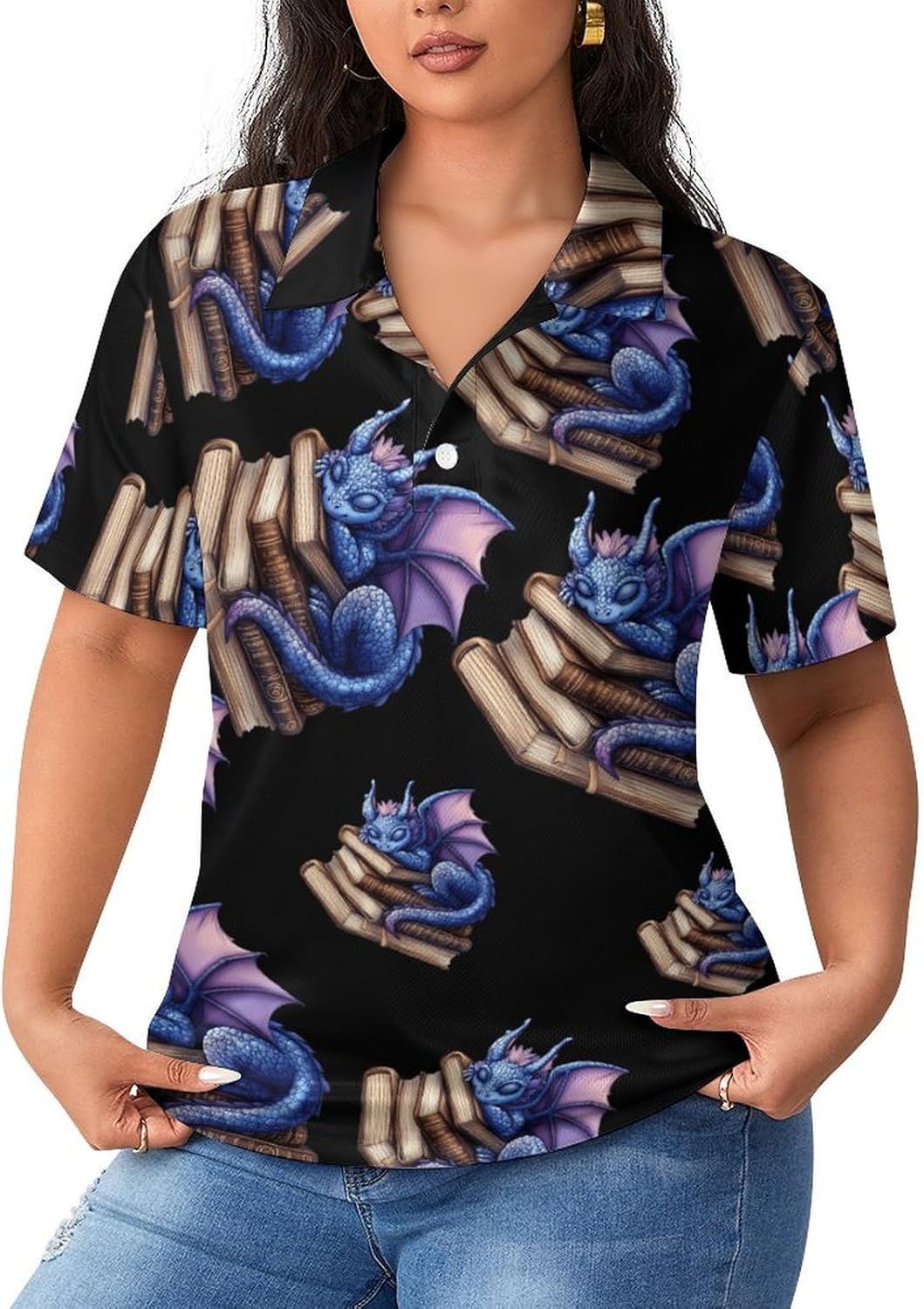Book Blue Purple Dragon Womens Golf Polo Shirts Summer Short Sleeve Collared 3 Buttons T Shirt Activewear Tops