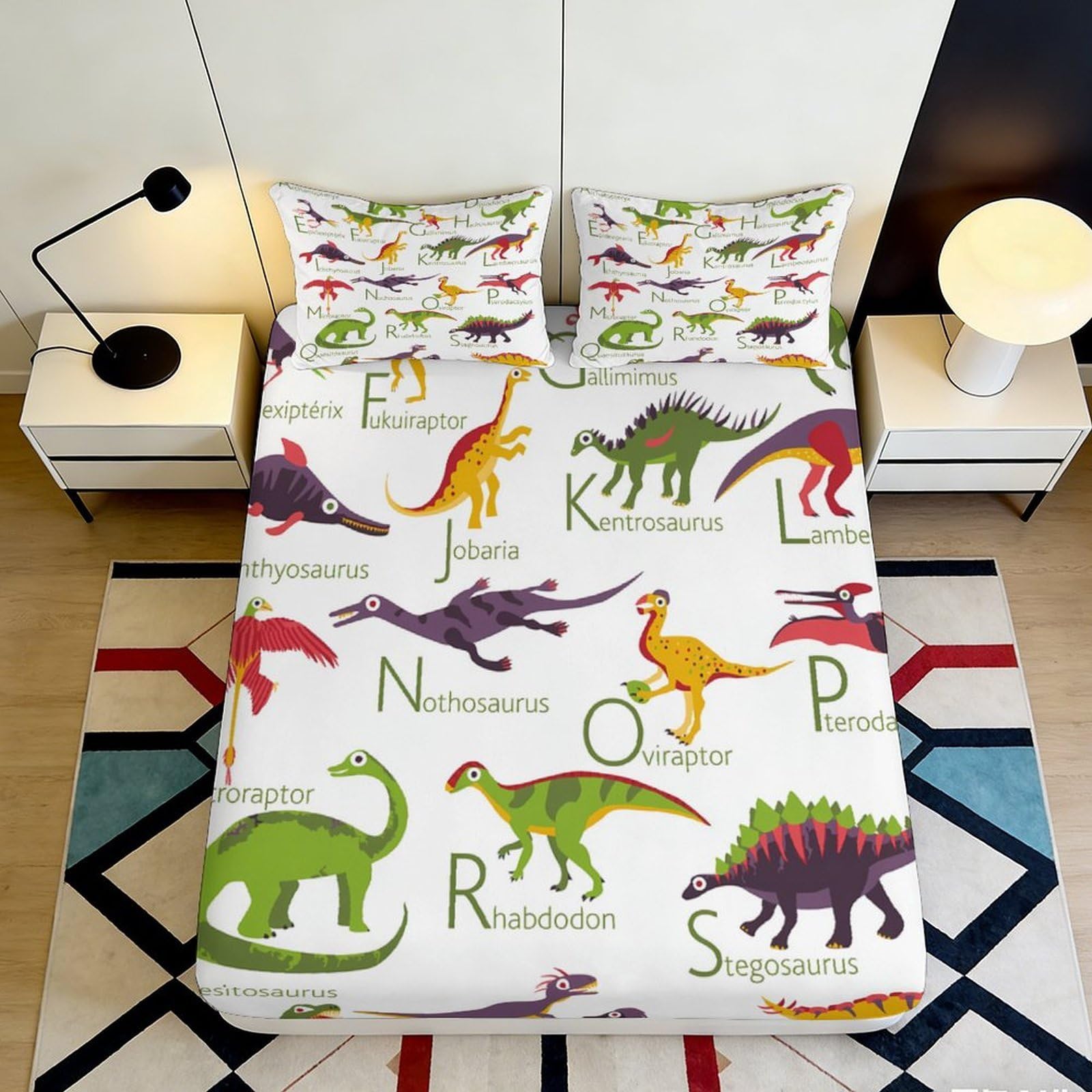 Pnayamiorkfel Style-2 3D Printed Dinosaur Alphabet Fitted Sheet Microfiber Anti-Slip Bed Cover For Bedroom Guestroom Machine Washable 90X200x25cm