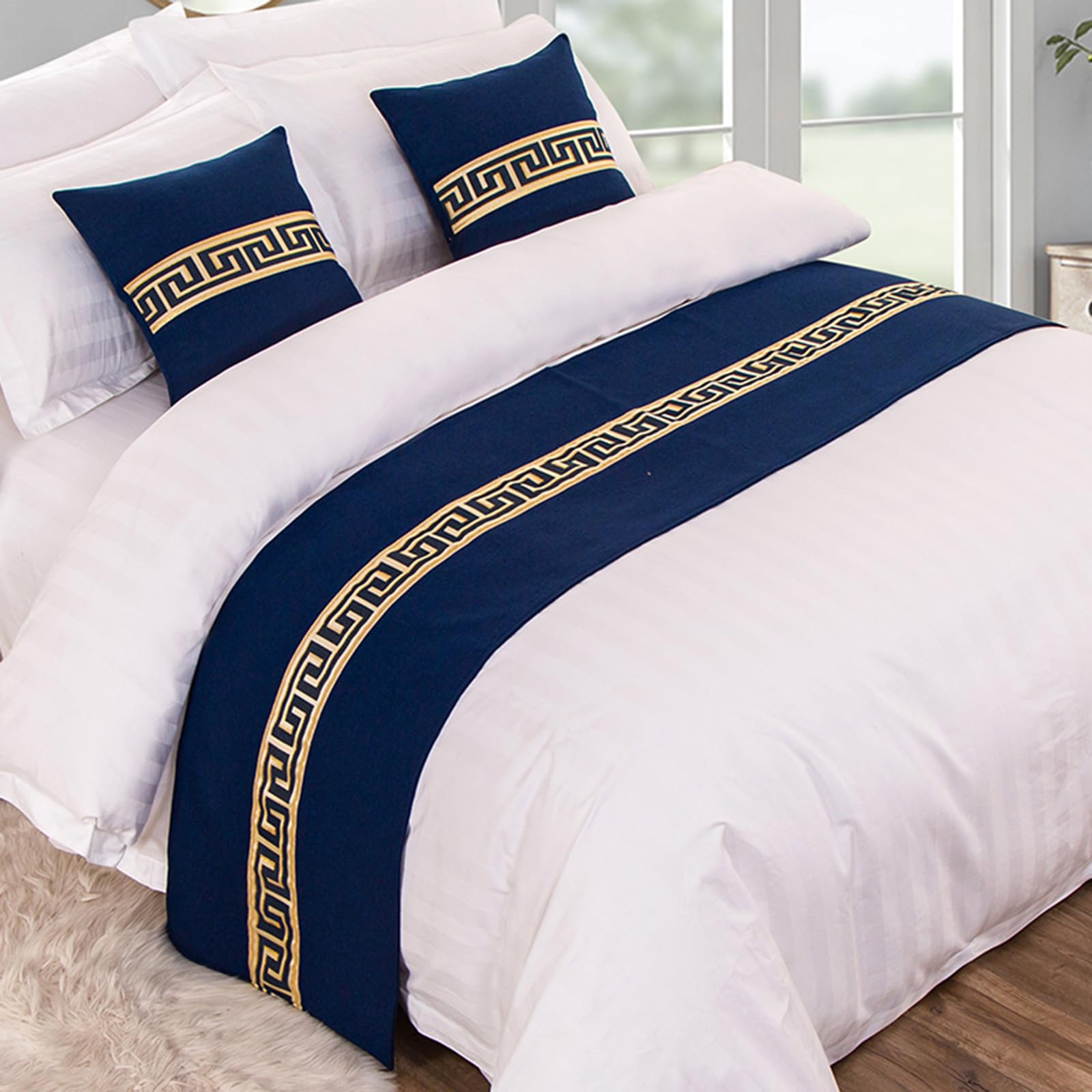 QRGMKL Graphic Print Bed Runners King Size, Luxury Bed Scarf Double Bedspread for Bedroom Hotel Home Decoration-Dark Blue||260X50cm for 2m Bed