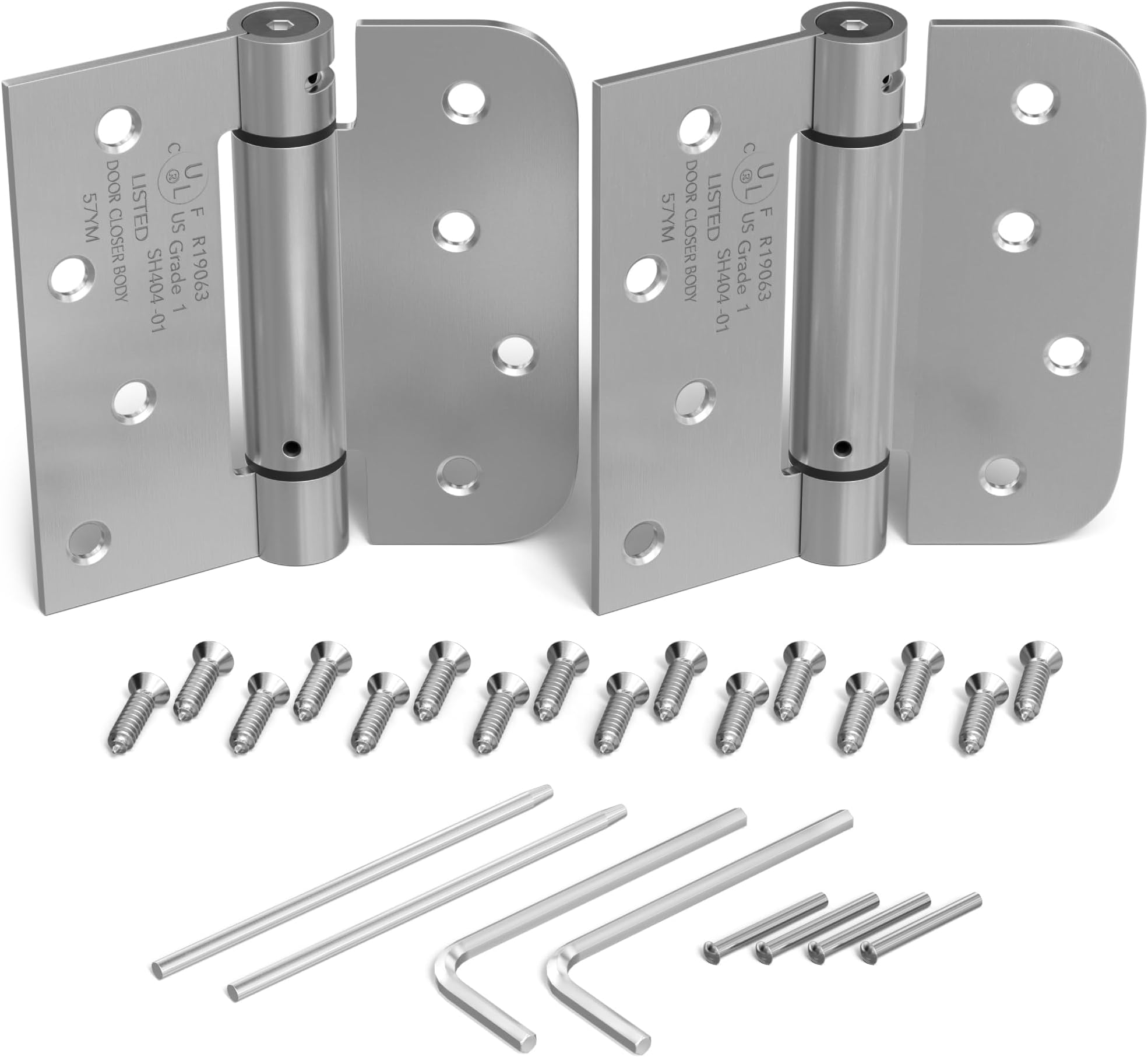 Self Closing Spring Hinge | Automatic Door Hinges with Complete Installation Hardware | 4" X 4" with 1 Square & 5/8" Radius Corners | 2 Pack (Satin Nickel)