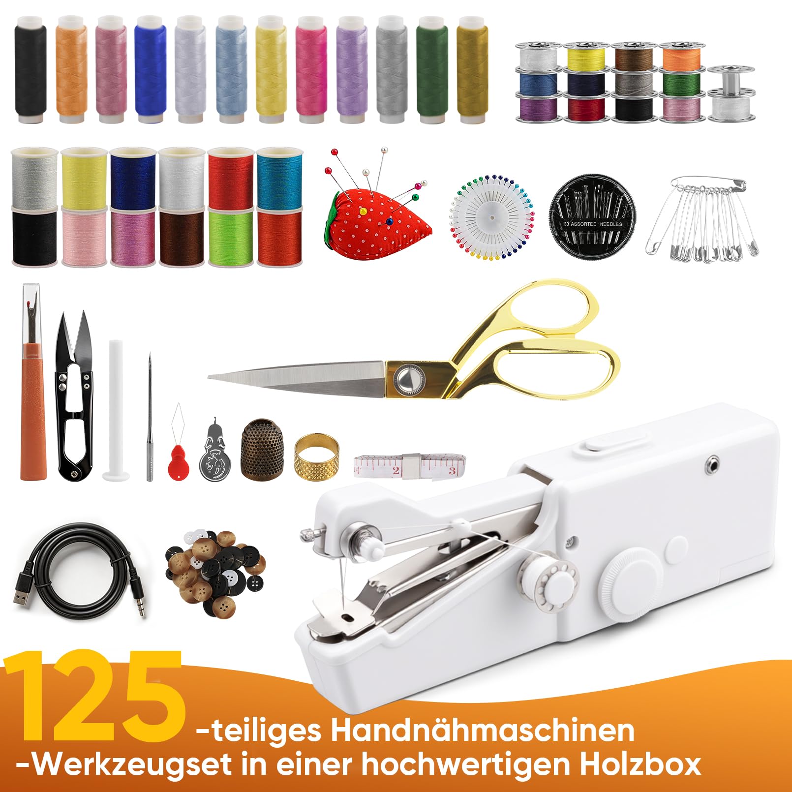 FONCOOD Tragbare Nähset für Erwachsene & Anfänger Handnähmaschine mit 36 Garnspulen und Hochwertige Nähzubehör Mini Holzkiste Ideal Kleiderreparatur DIY-Bastel Unterwegs-Nähen