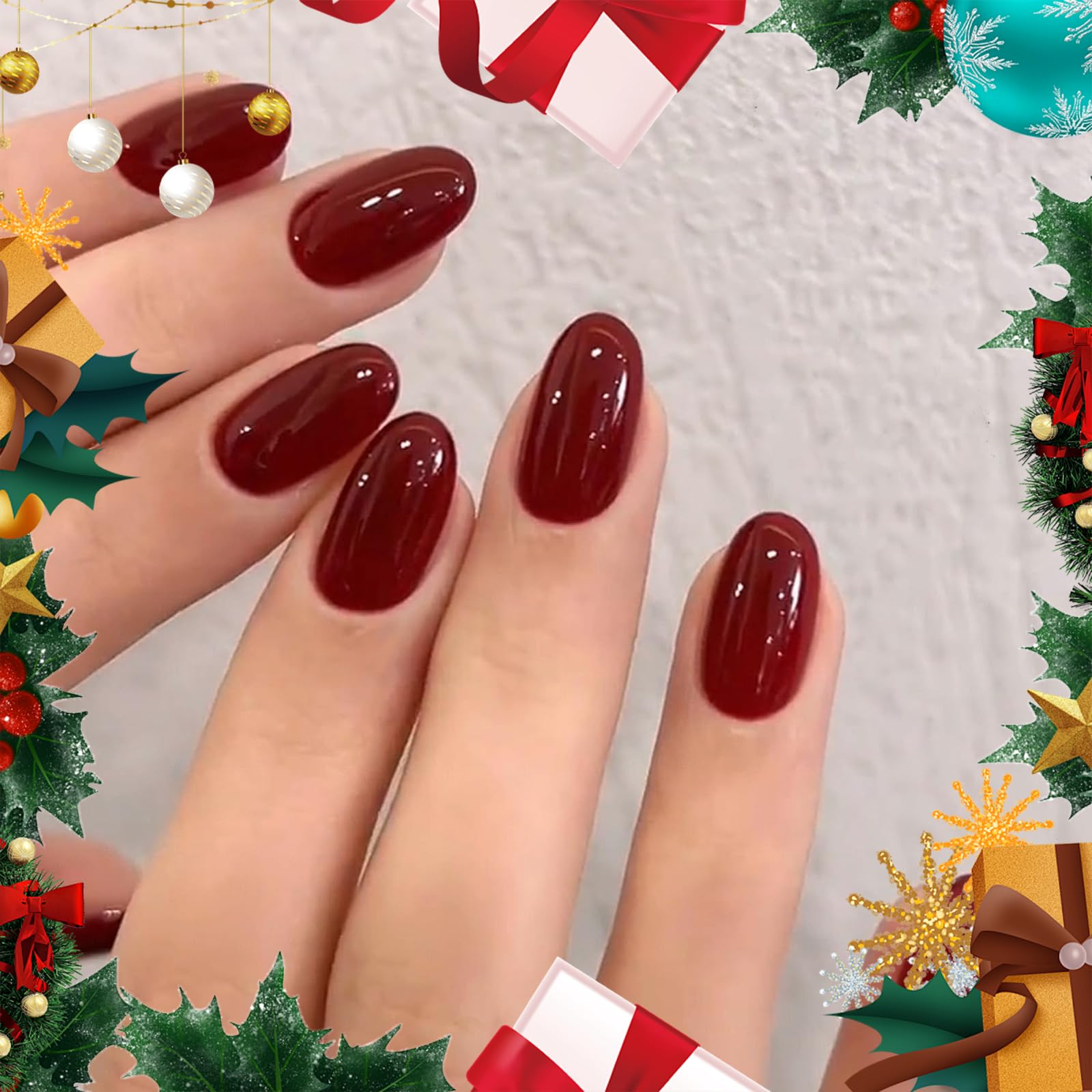 modelones Dark Red Short Press On Nails, Oval Fake Nails with Nail Glue, Adhesive Tabs, Nail File, Prep Pad, Manicure Stick, 32Pcs 16 Sizes, Cherry, Valentines