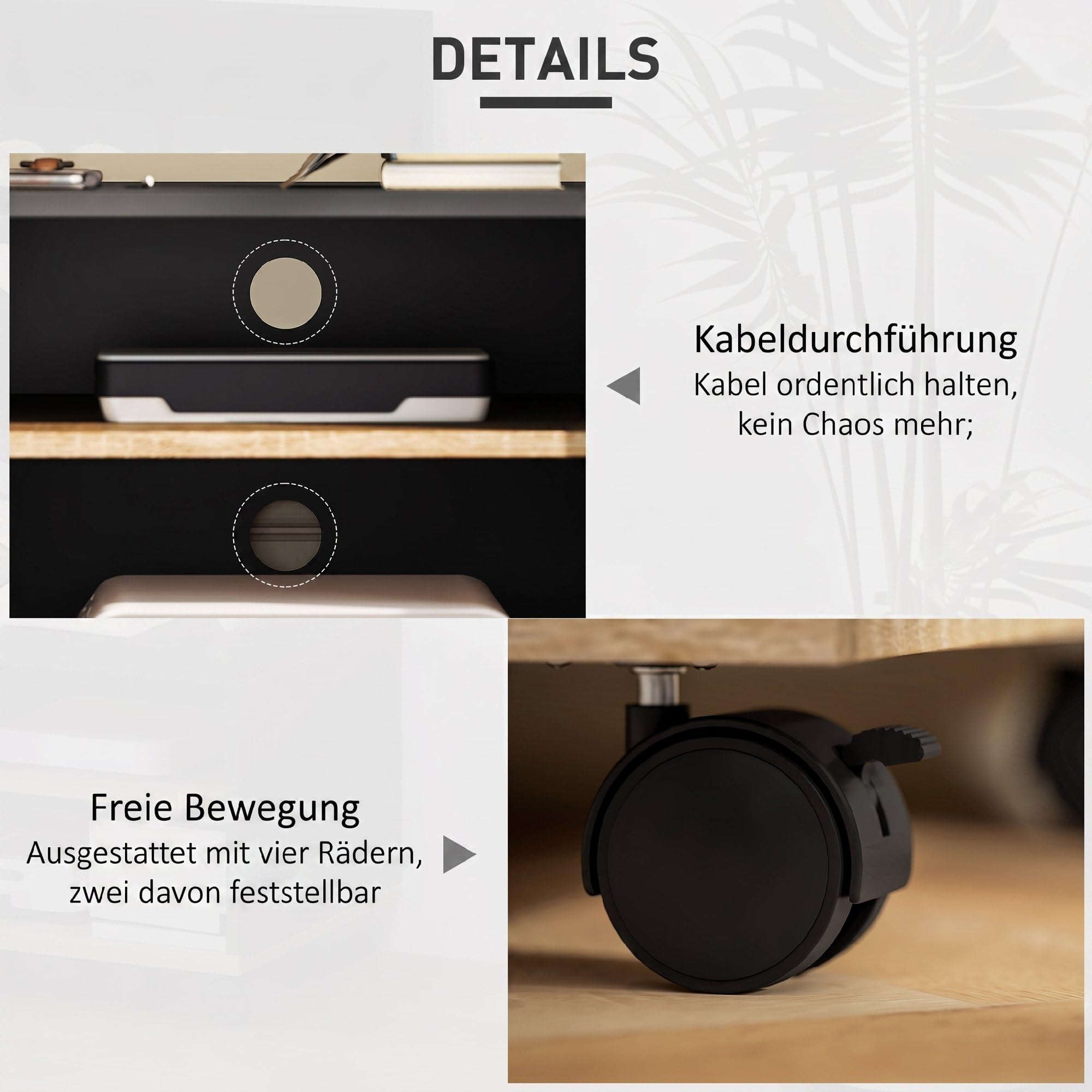 HOMCOM TV Schrank Lowboard auf Rollen mit Schrank, Kabelführung und Verstellbarer Ablage, Fernsehtisch für Fernseher bis 32 Zoll, TV Board für Wohnzimmer, Schwarz und Eiche, 80 x 45 x 41 cm