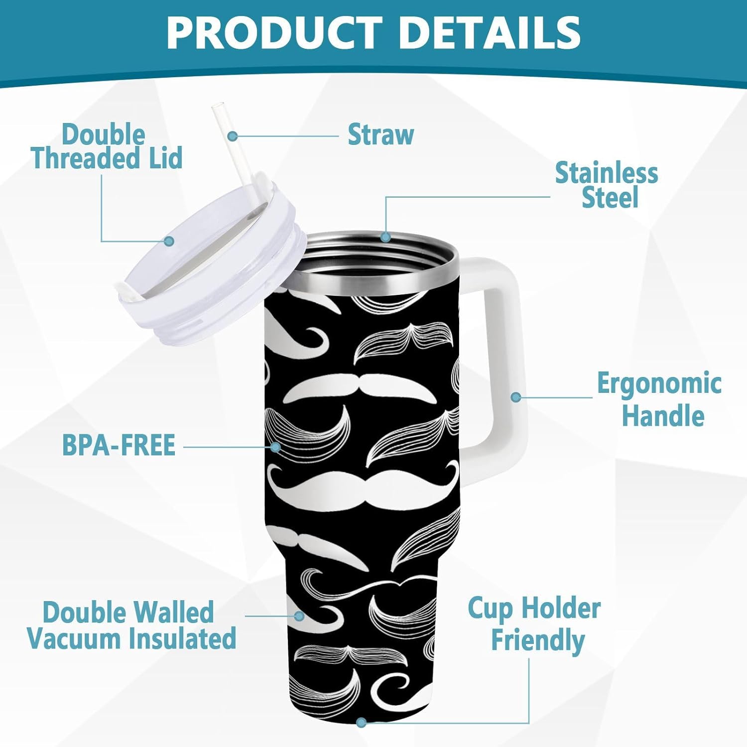 Boccsty Black White Mustache Insulated Tumblers Reusable Stainless Steel Tumbler 40 oz Cup Coffee Travel Mug Water Bottle with Handle & Flip Straw for Home Office Car