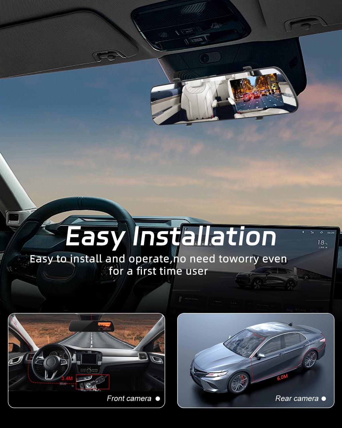 NHOPEEW Specchio Dash Cam 4 pollici 1080P vista anteriore e posteriore doppia telecamera - Super visione notturna/registrazione loop/Monitor di parcheggio - Telecamera di backup per le automobili