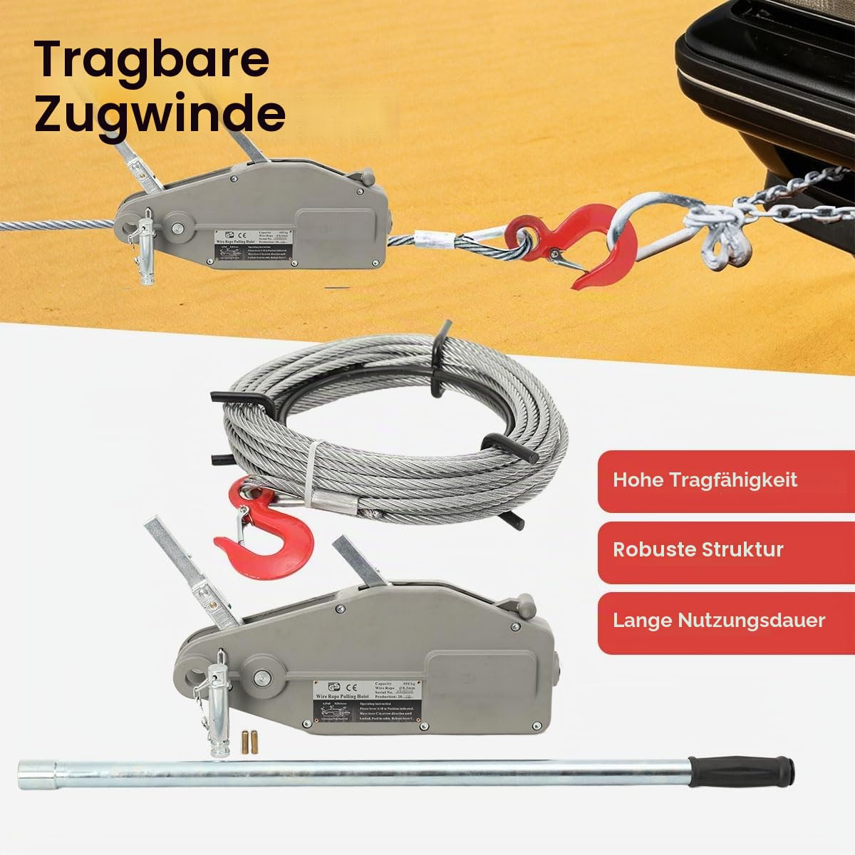 Seilzug Hand Seilwinde Greifzug mit 20 m Seil, Handseilwinde Forstseilwinde Handseilzug mit Lasthaken Abscherstift, Max Kapazität 800 kg Crane Handle Hoist