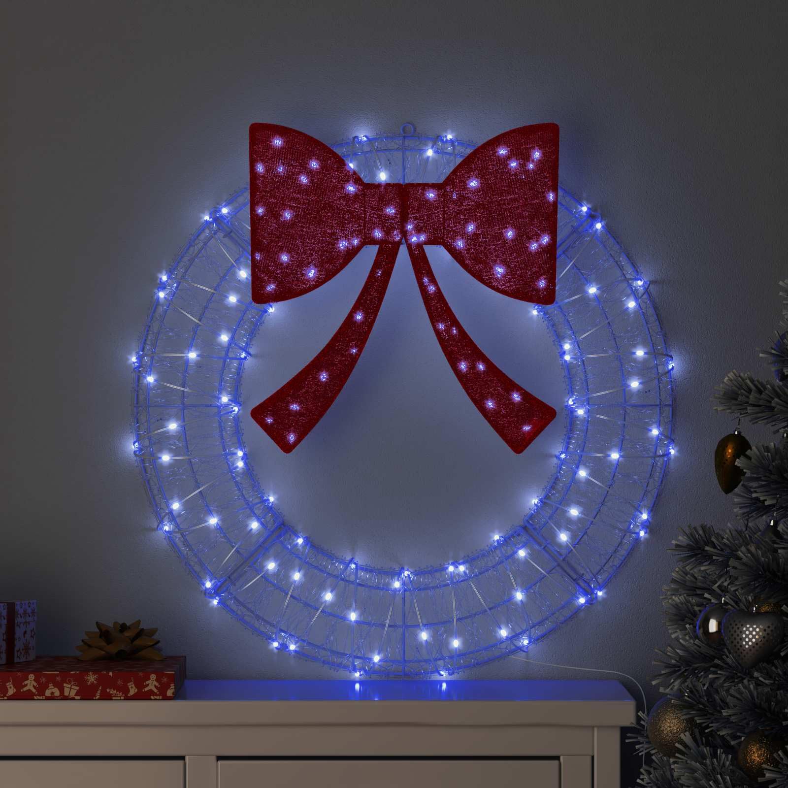 Couronne avec 60 LED bleues en acrylique 76 x 76 x 8,5 cm avec port USB et télécommande, décoration d'arbre de Noël, décoration festive pour salon, fenêtre, Avent et hiver