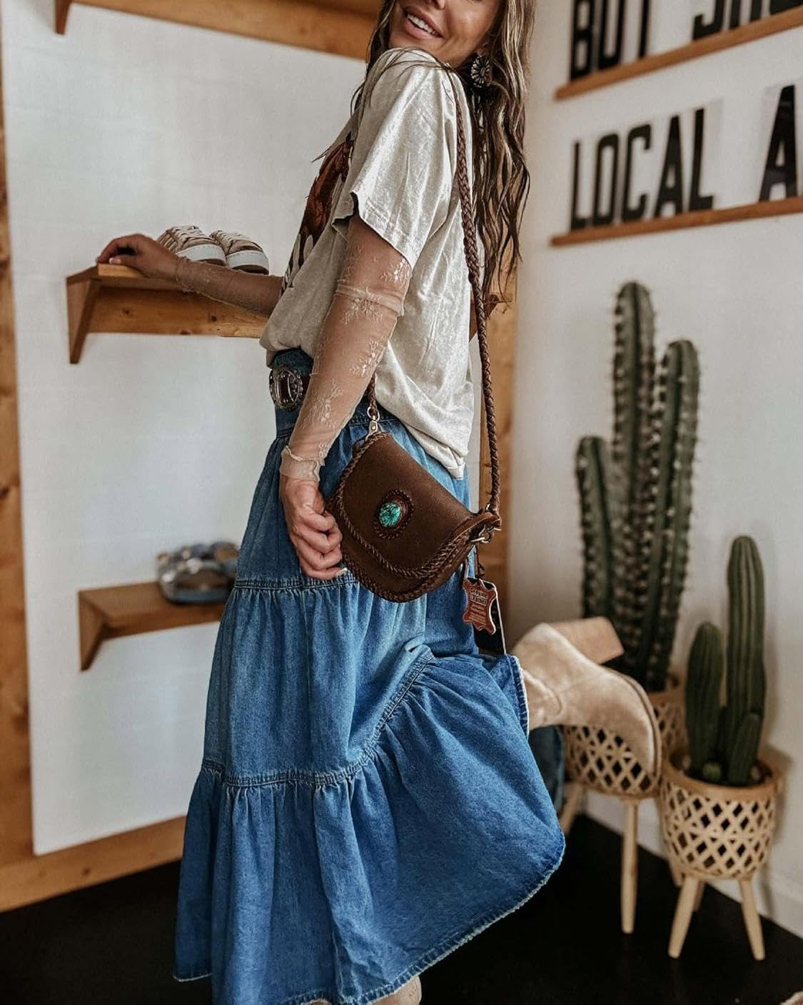 yoeasy Damen-Maxirock, hohe Taille, Denim, Knopf, Boho, fließend, plissiert, gestuft, Rüschen, Swing, A-Linie, Jeans, langer Rock