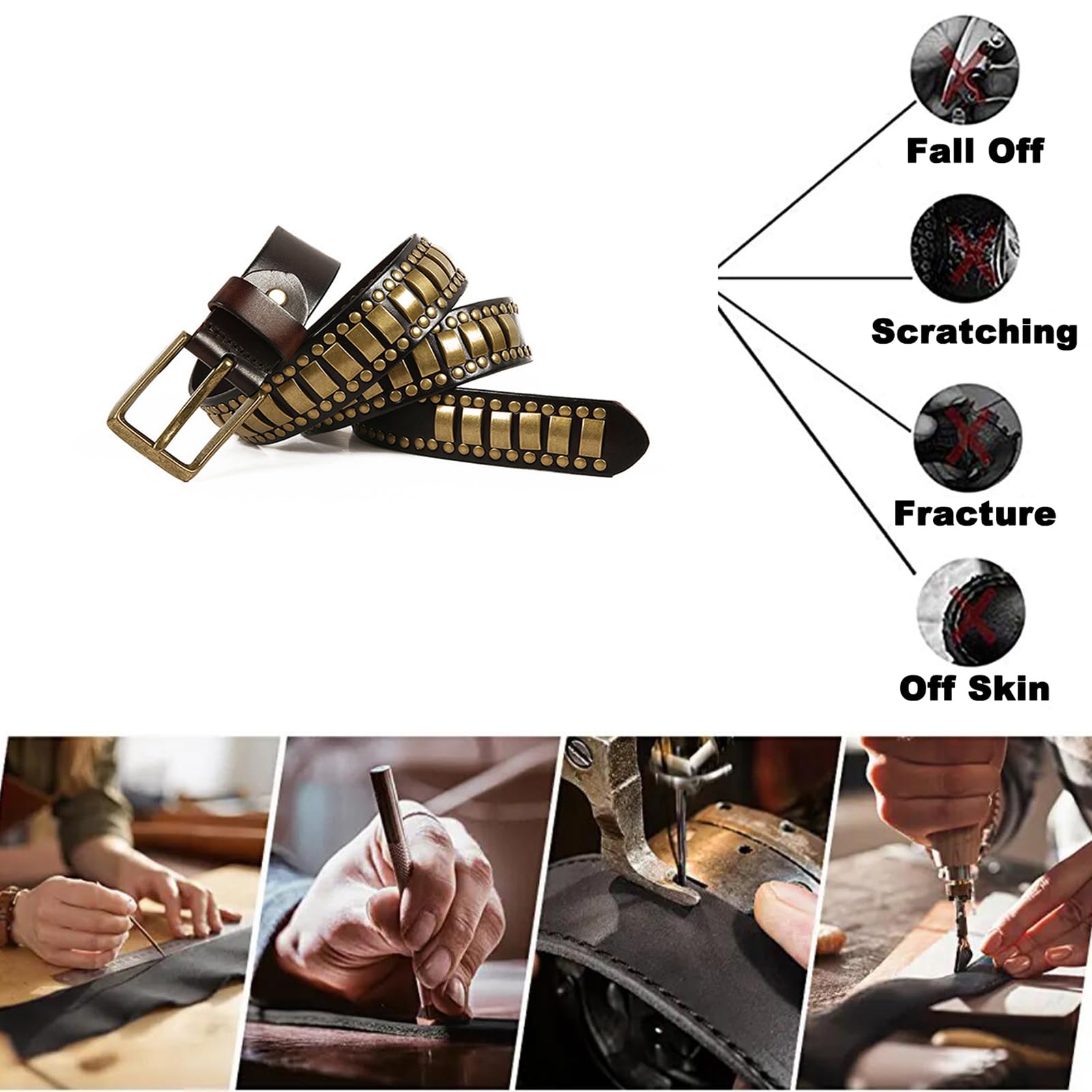 Cinture con Occhielli in Pelle Fatte A Mano Stile Punk Rock Accessorio per Jeans Cintura Regolabile Neutra Cintura A Rettangolo con Rivetti Dorati(125cm/waist:42"~44", Coffee)