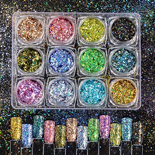 Warmfits Holographic Glitter A-grade Super Holo Comestic Glitter Fine Glitter Sequins Nail Art Flaskes for Unicorn Mermaid Face Body Eye Hair Makeup Lip Gloss Crafts 12 Colors (Holo A)