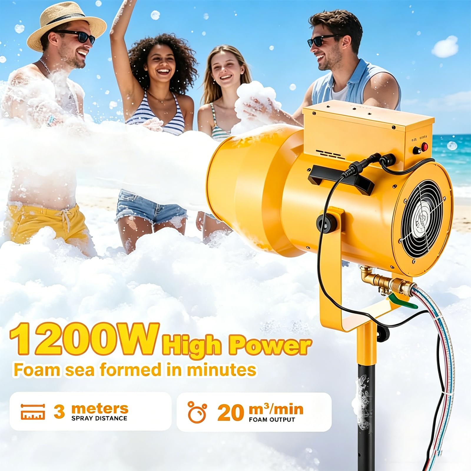 Maszyna do pianki 1200 W z regulowanym kątem, idealna na imprezy na świeżym powietrzu i letnią zabawę, projekty pianki do 10 m, pokrywa powierzchnię 80 m²