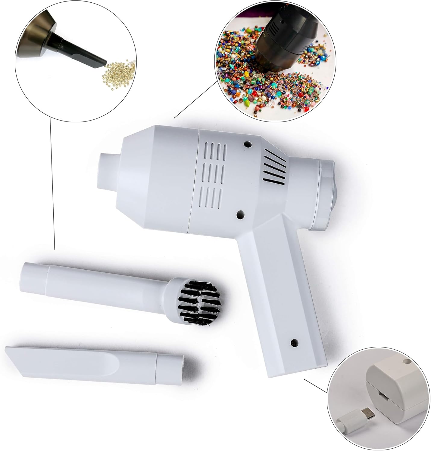 PotomacBeads BeadVac Handheld Cordless Small Vacuum for Beading and Crafting - Clean up Fast with attachments (White)