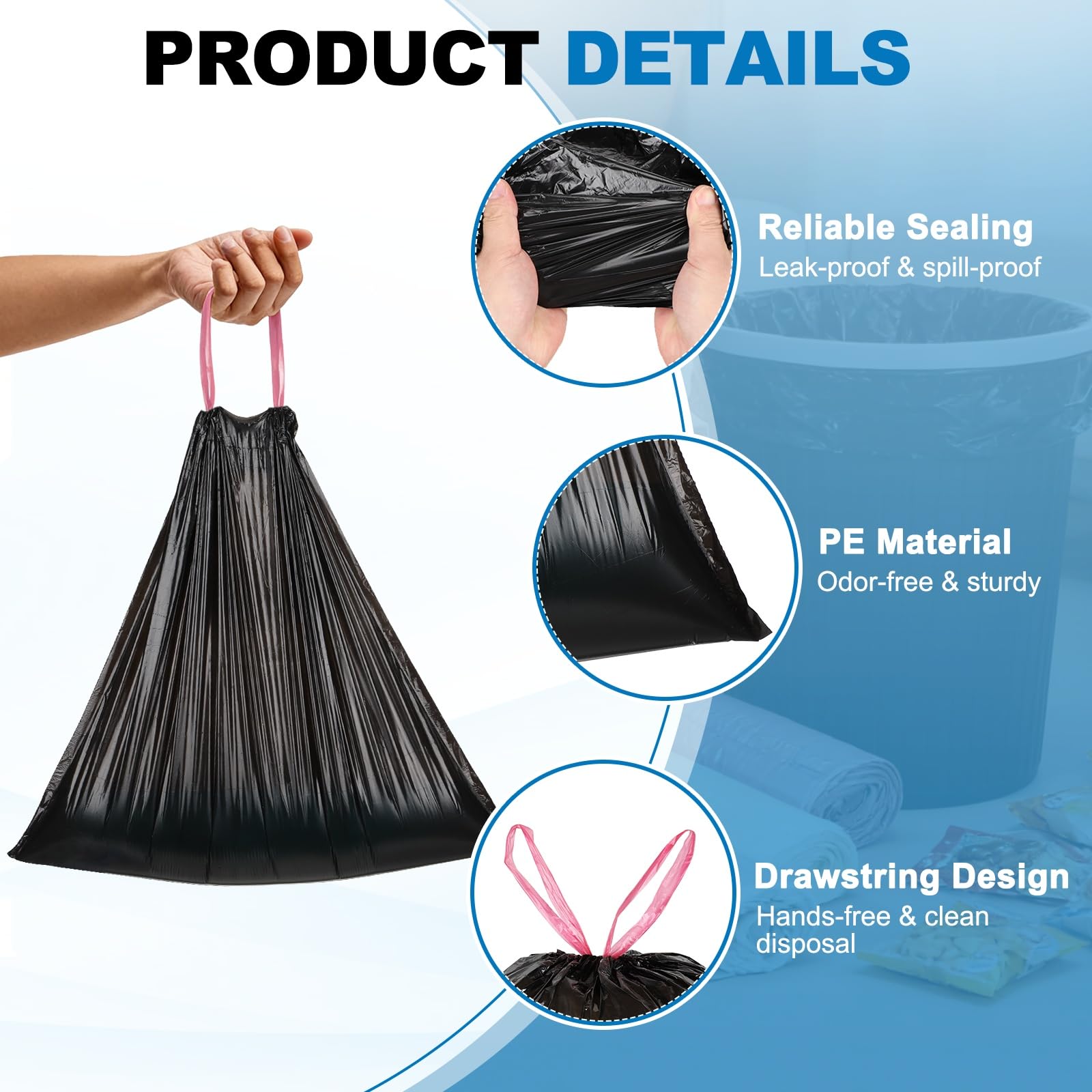 sourcing map 160 bolsas de basura con cordón, bolsas de basura de 5.2 galones, 20 pulgadas, sin perfume, diseño sin desgarros, para el hogar, oficina, cocina, sala de estar, dormitorio, automóvil