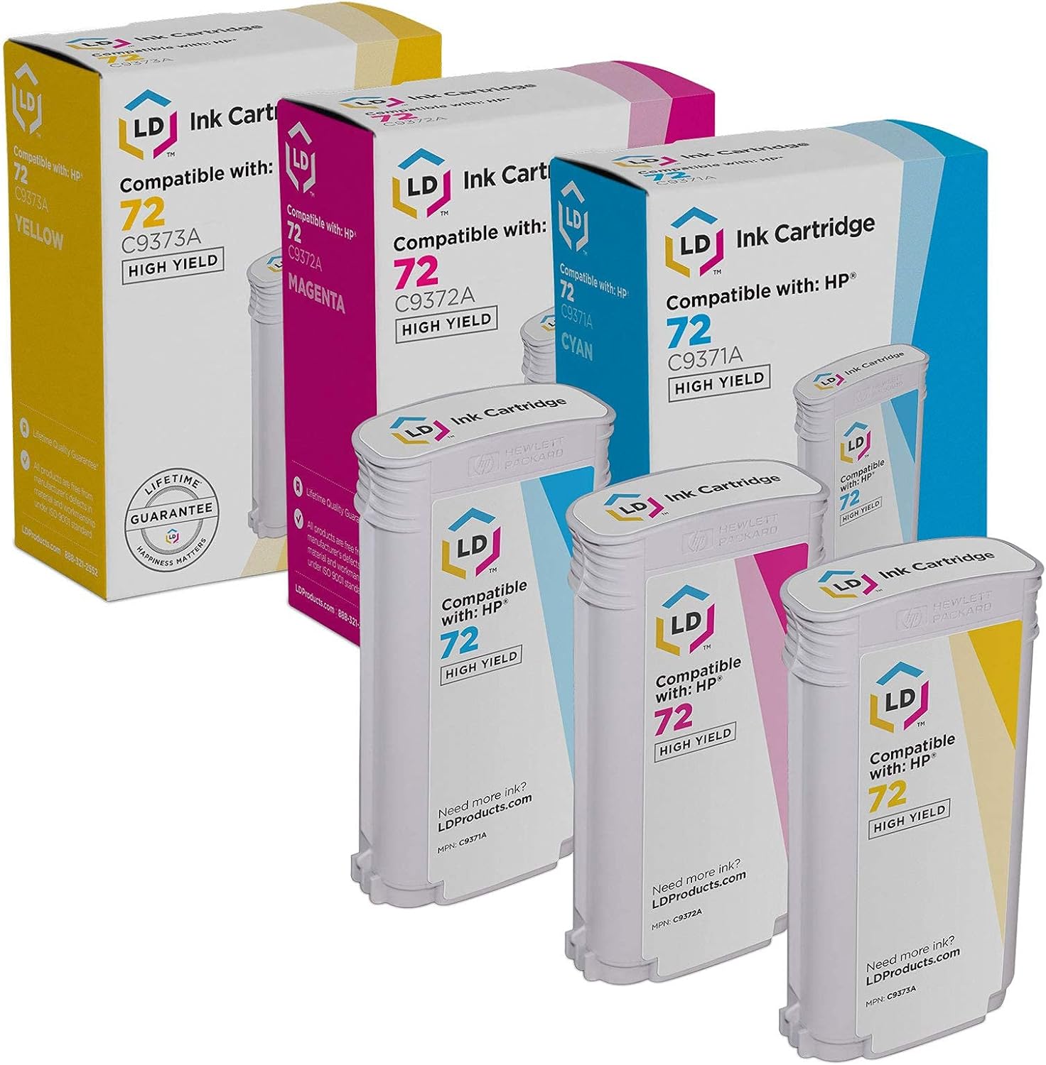 LD Products Compatible Replacements for HP Designjet 72#72 Ink Cartridge High Yield for Use in T1100, T1120, T1200, T610, T620, T770, SD Pro MFP, T1100ps, T1300, T795 (Cyan, Magenta, Yellow, 3-Pack)