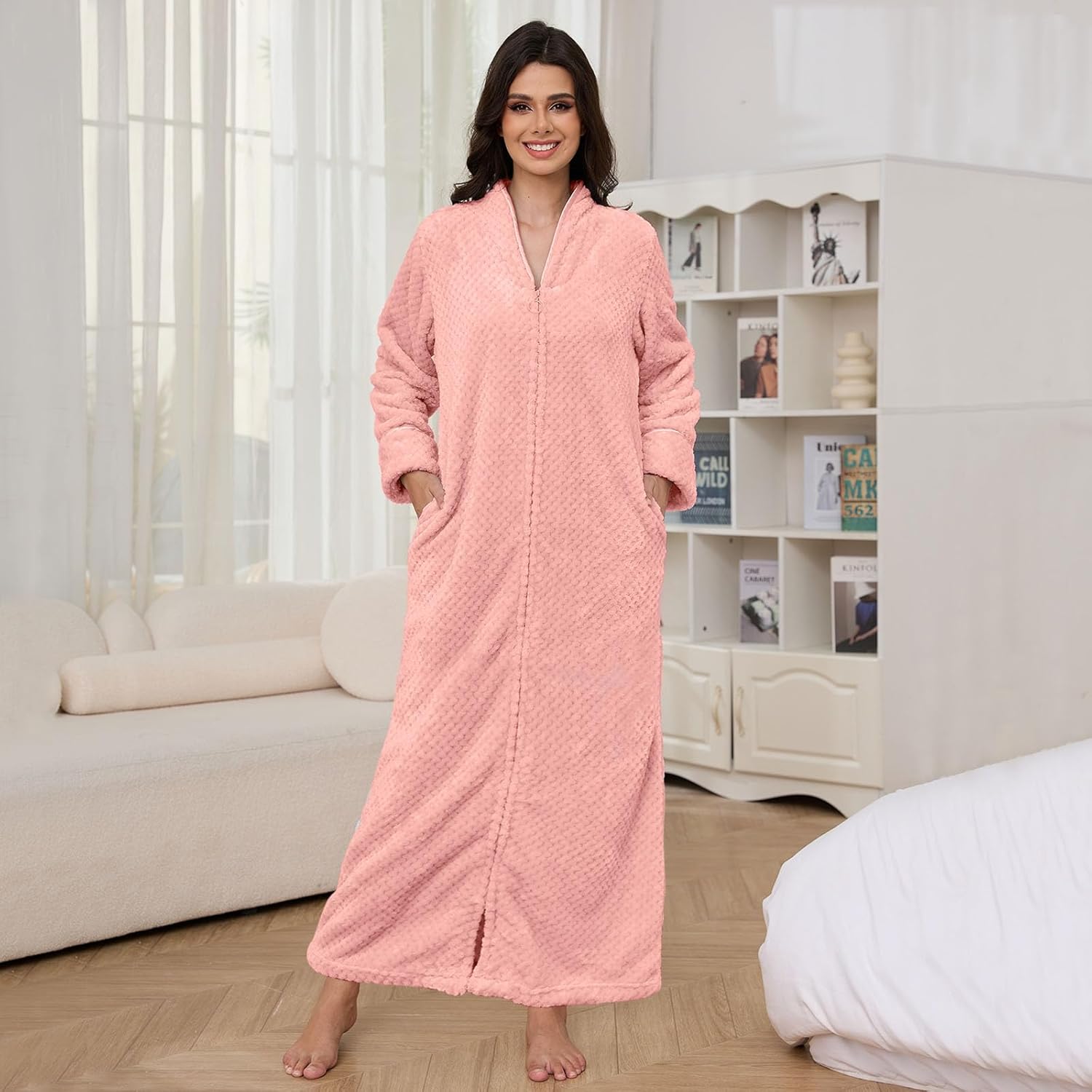 Hellomamma Womens Robes Warm Plush Winter Robe, Zip up Long Fleece Bath Robes Female, Zipper Bathrobes for Women - Image 3