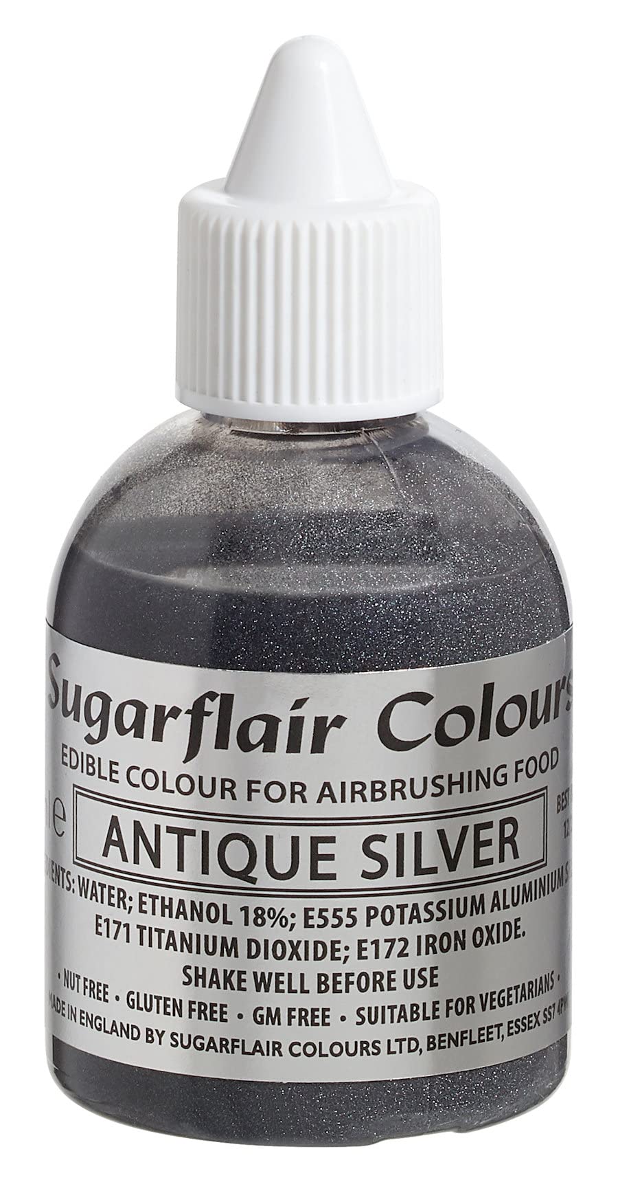 Sugarflair Antique Silver Metallic Glitter Edible Airbrush Colour - Edible Food Colouring Airbrush Paint for Cakes, Cupcakes, Icing and Cake Decorations - 60ml