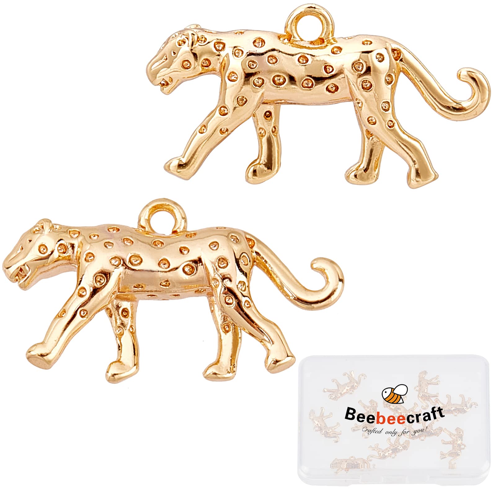Beebeecraft1 Box 10Pcs 18K Gold Plated Leopard Cheetah Charms Three Dimensional Animal Brass Jewelry Findings with Hoop for DIY Necklace Bracelets