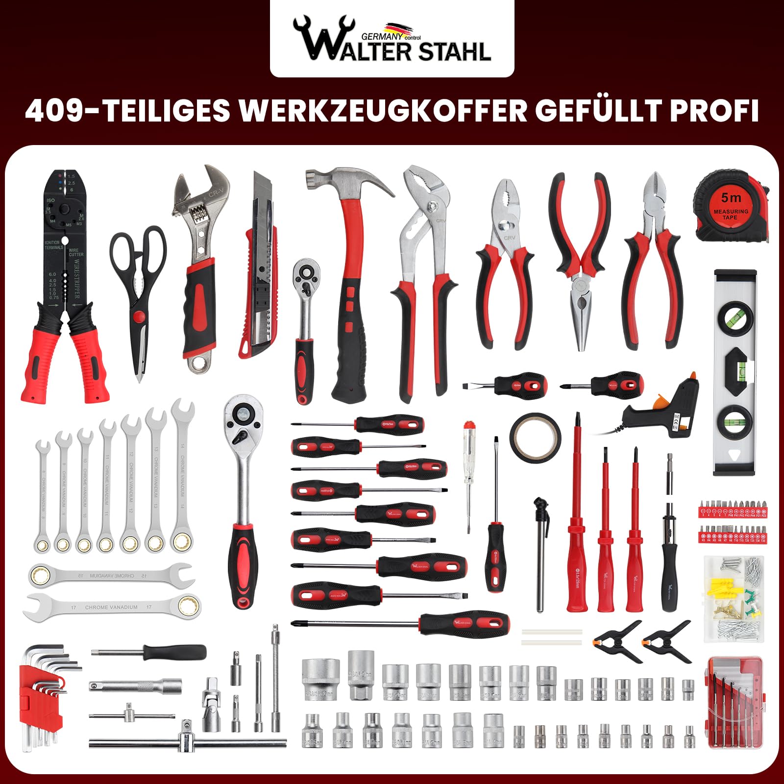 WALTER STAHL Werkzeugkoffer gefüllt 409 tlg | Werkzeugkasten | Aluminiumkoffer | Werkzeug Set | für Werkstatt und Haushalt, inkl.Schraubenschlüssel, Zangen etc