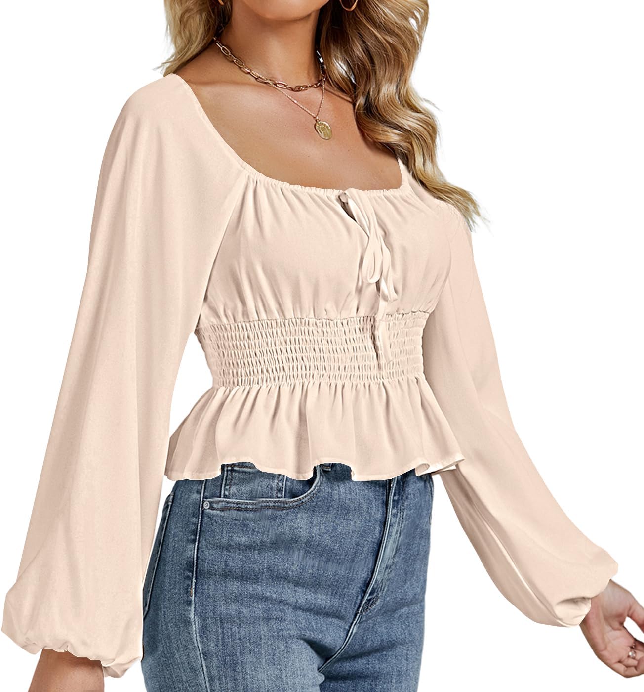 Rooscier Women's Square Neck Lantern Long Sleeve Shirred Waist Ruffle Peplum Crop Top Blouse - Image 3