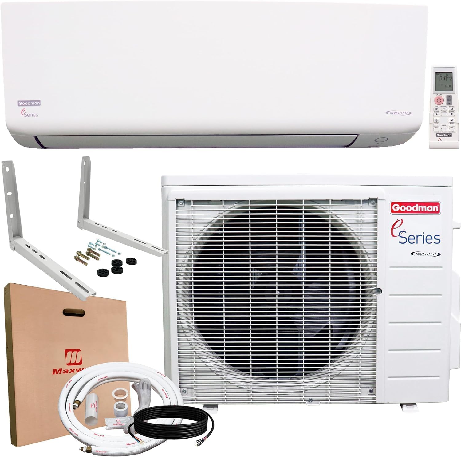 Goodman 9,000 BTU 18 SEER2 Ductless Mini Split Inverter Heat Pump System with Maxwell 16-ft Installation and Wall Bracket (230V) Goodman 9,000 BTU 18 SEER2 Ductless Mini Split Inverter Heat Pump System with Maxwell 16-ft Installation and Wall Bracket (230V)