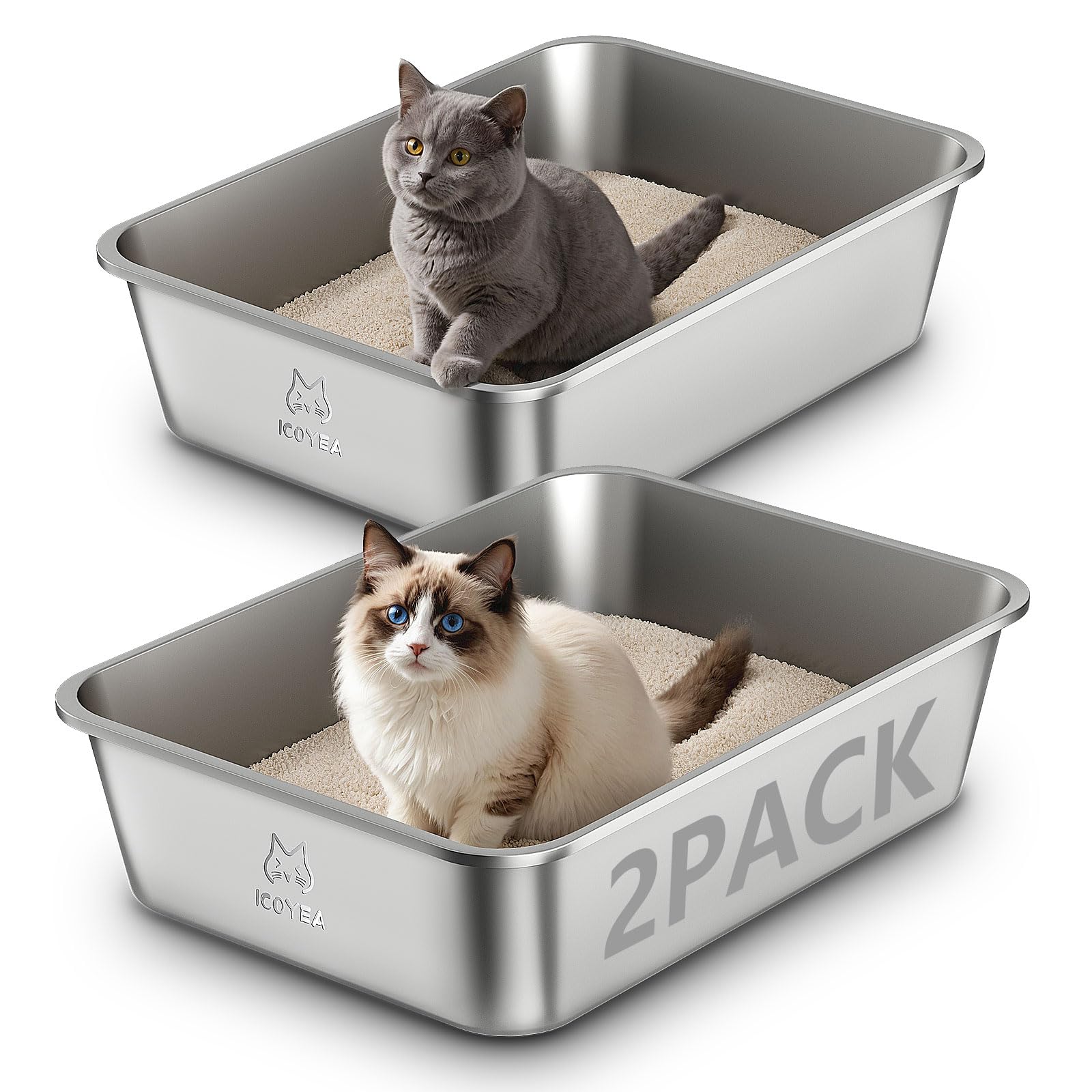 2-Pack Stainless Steel Cat Litter Tray, Cat Litter Box for Large and Small Cats, High Sided Metal Litter Tray, Cats Toilet for Kitten Rabbit and Guinea Pig, Non-Stick (2PCS, 19.5"L×13.6"W×5.9"H) — image 1