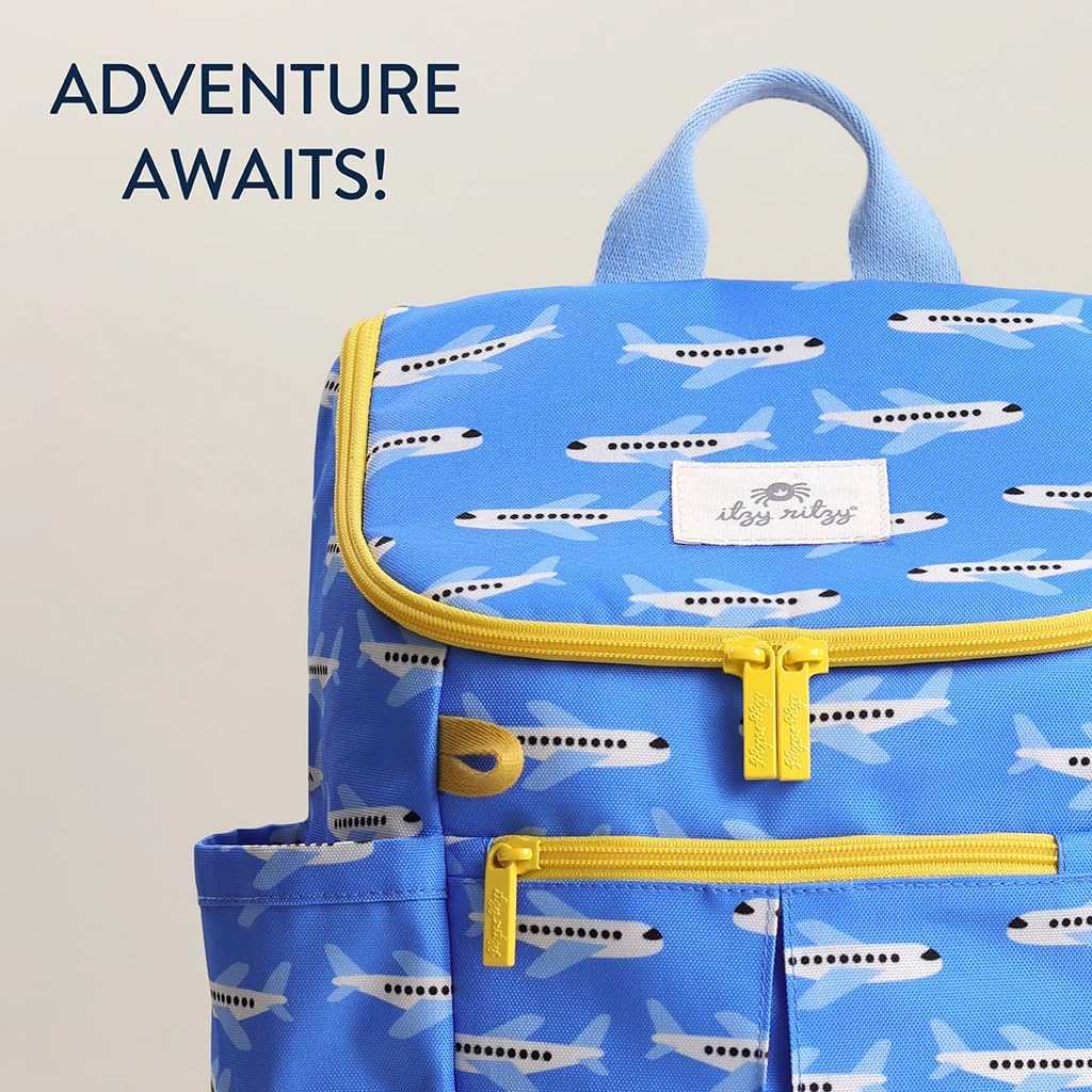 Itzy Ritzy Toddler & Kids Backpack - Lightweight Preschool & Elementary School Bag with Padded Straps, Trolley Sleeve, 2 Side Pockets, Tablet Sleeve & Name Label (Airplanes)