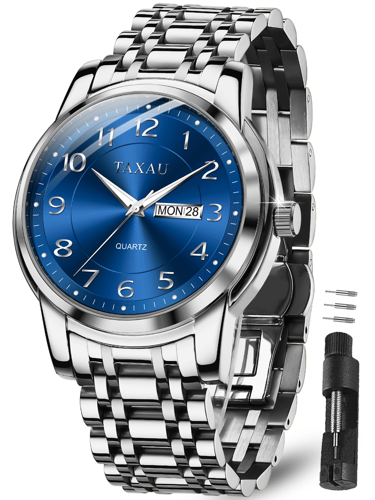 Taxau Uhr Herrenuhr Silber 3Bar Wasserdicht Luxus Analoguhr Quarz Armbanduhr Herren Edelstahl 41mm Großes Zifferblatt mit Datum Woche Klassisch Business Mode Männer Herren
