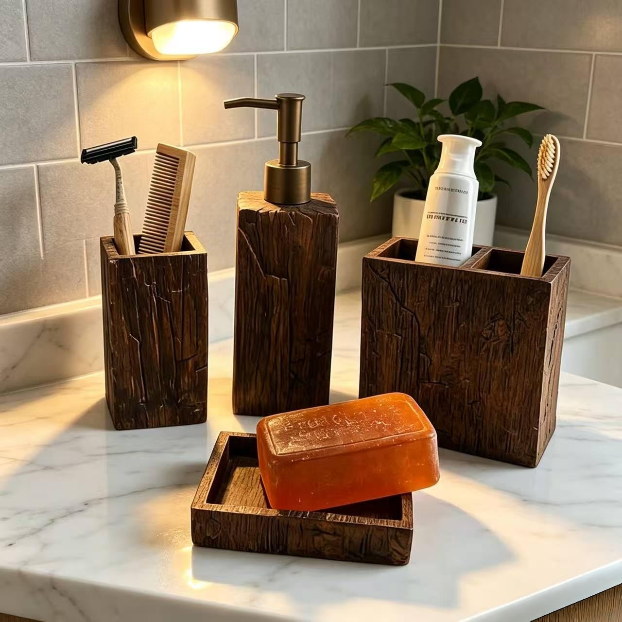 4-teiliges Vintage Badezimmer-Set, Badaccessoires mit Retro Alt-Holz-Optik, Seifenspender Zahnputzbecher Seifenschale Aufbewahrungsbox, Holzoptik Bad Deko